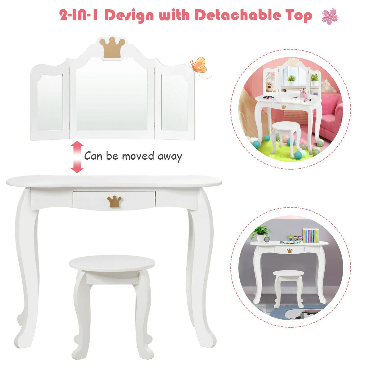 Kids Makeup Dressing Table With Tri-Folding Mirror And Stool, White - Image 7