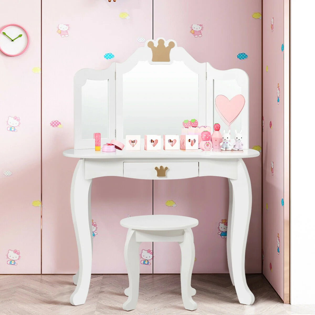 Kids Makeup Dressing Table With Tri-Folding Mirror And Stool, White - Image 9