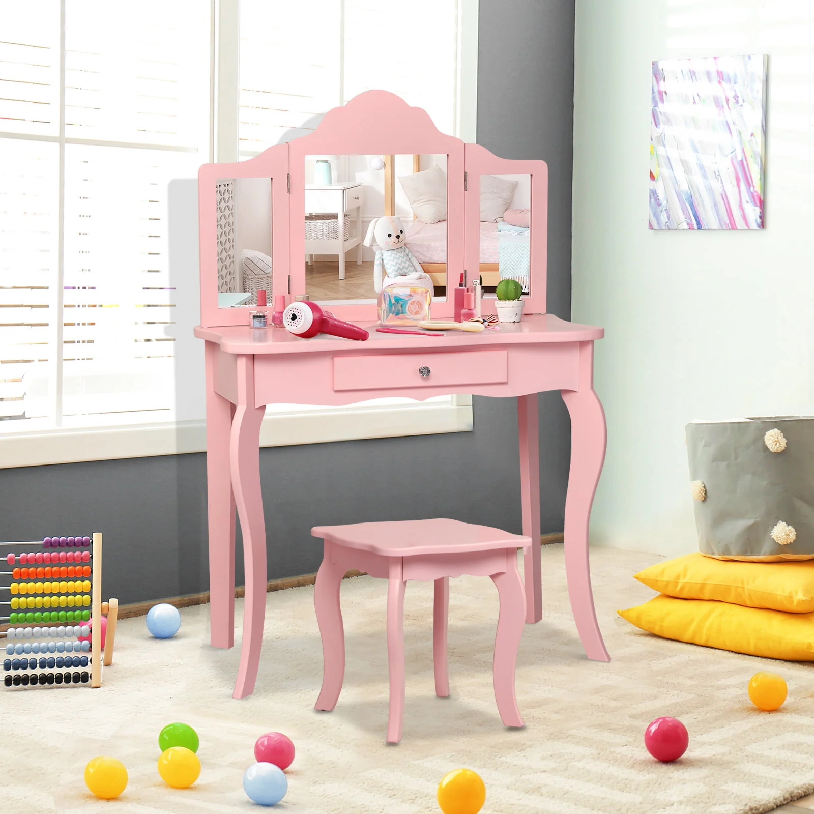 Kids Makeup Vanity Table With Stool, Pink - Image 3