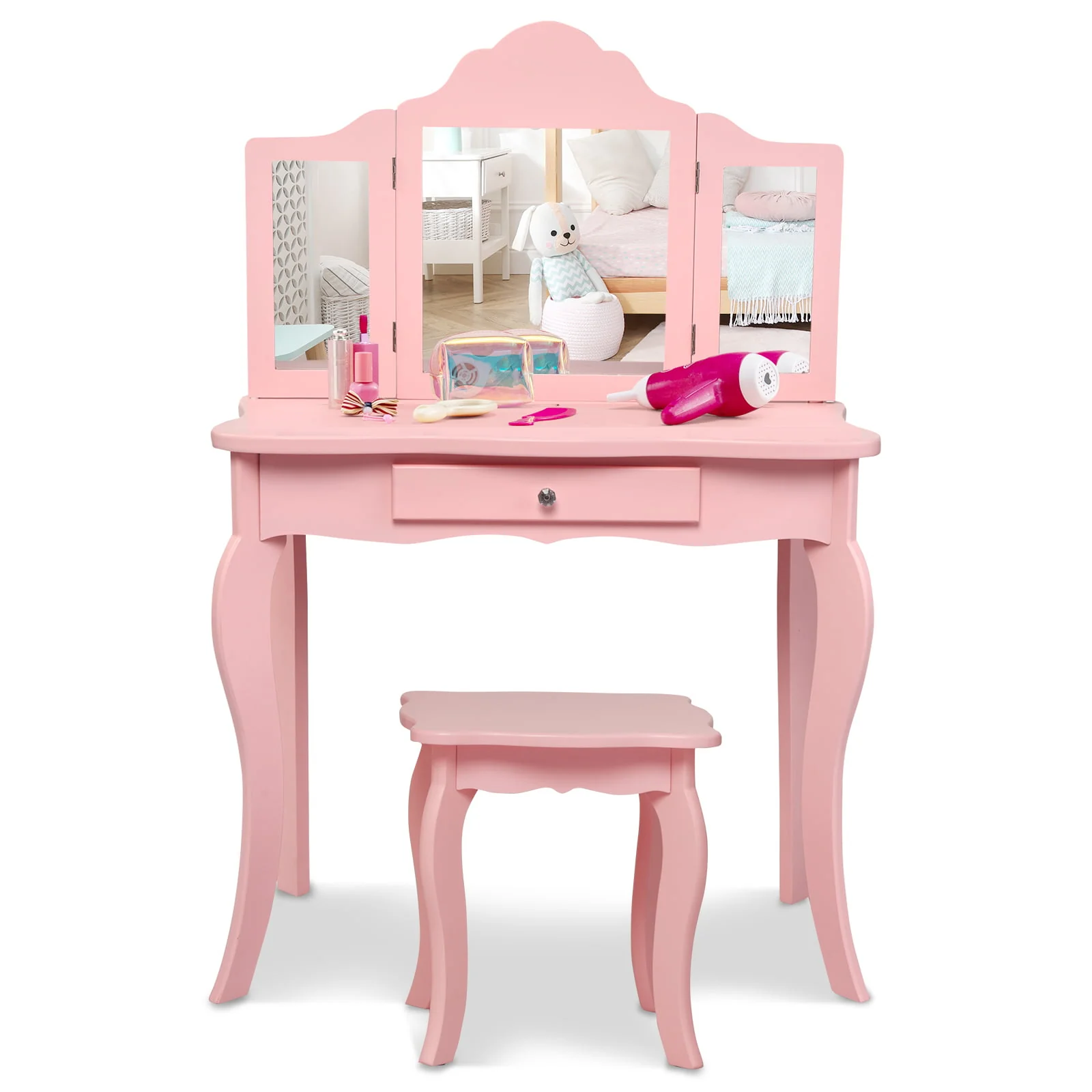 Kids Makeup Vanity Table With Stool, Pink - Image 5