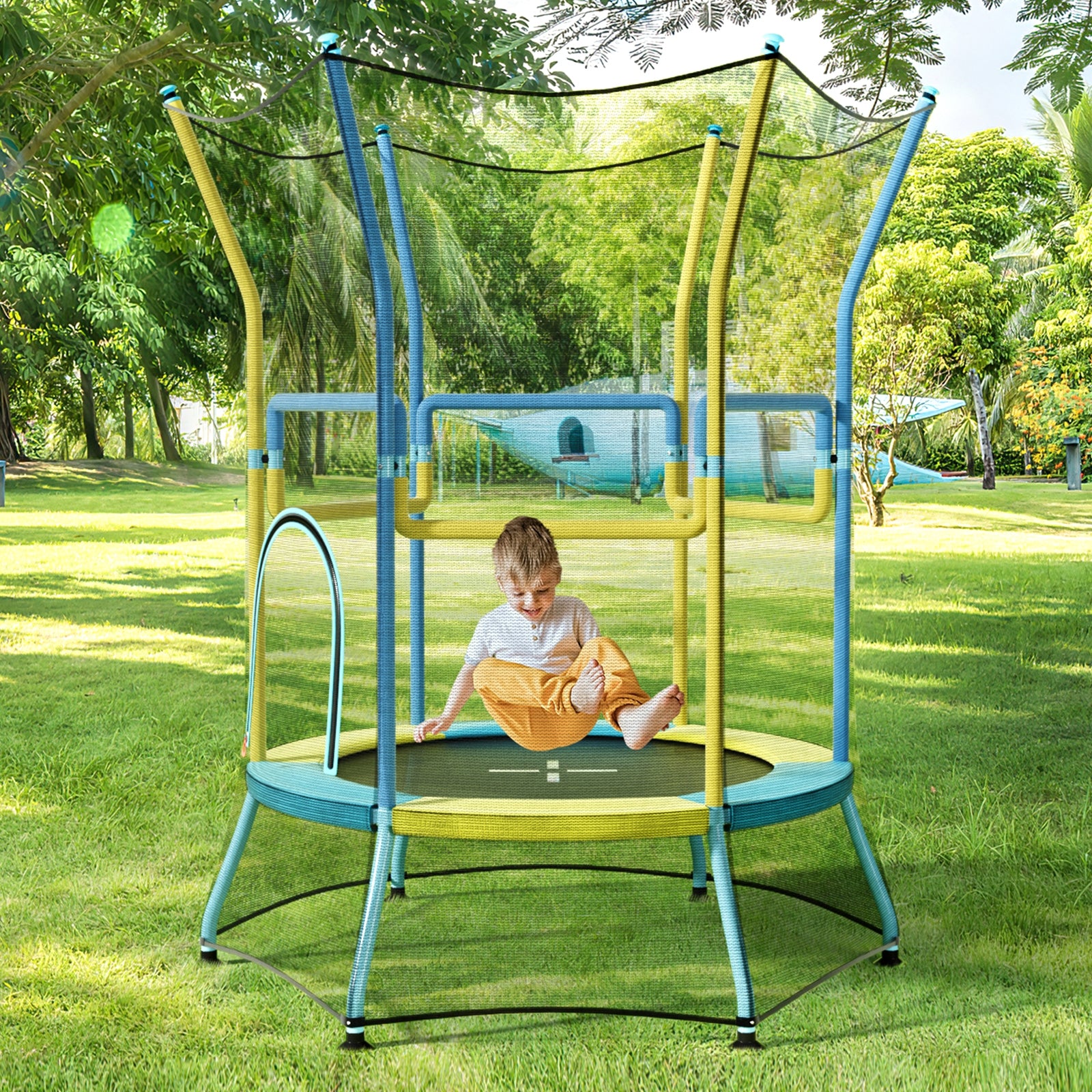 Kids Mini Trampoline, Safety Enclosure Net, Foam Handles, Yellow - Image 2