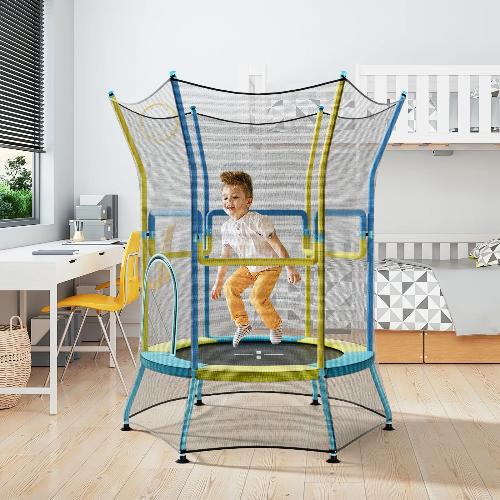 Kids Mini Trampoline, Safety Enclosure Net, Foam Handles, Yellow - Image 3