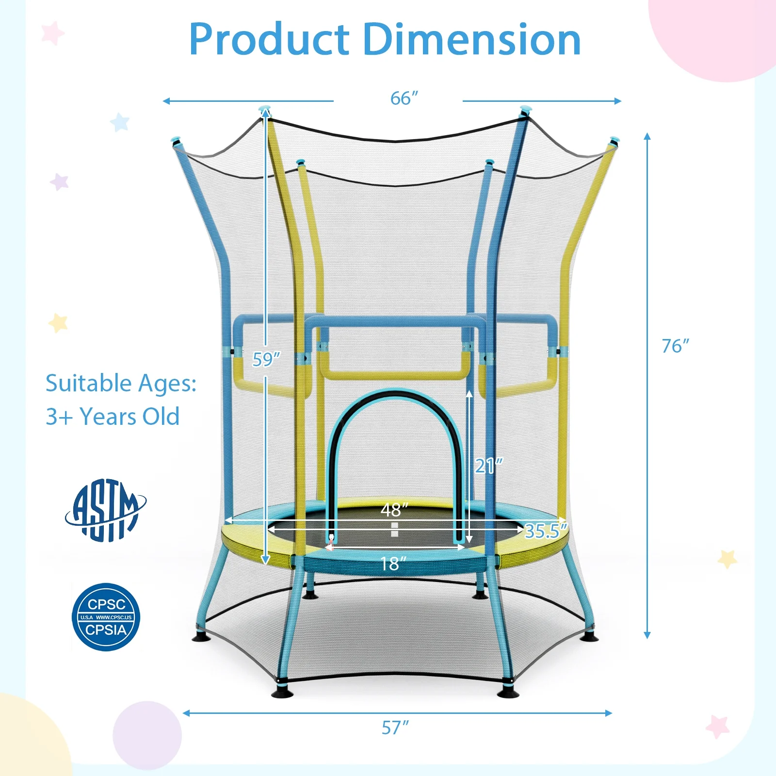 Kids Mini Trampoline, Safety Enclosure Net, Foam Handles, Yellow - Image 6