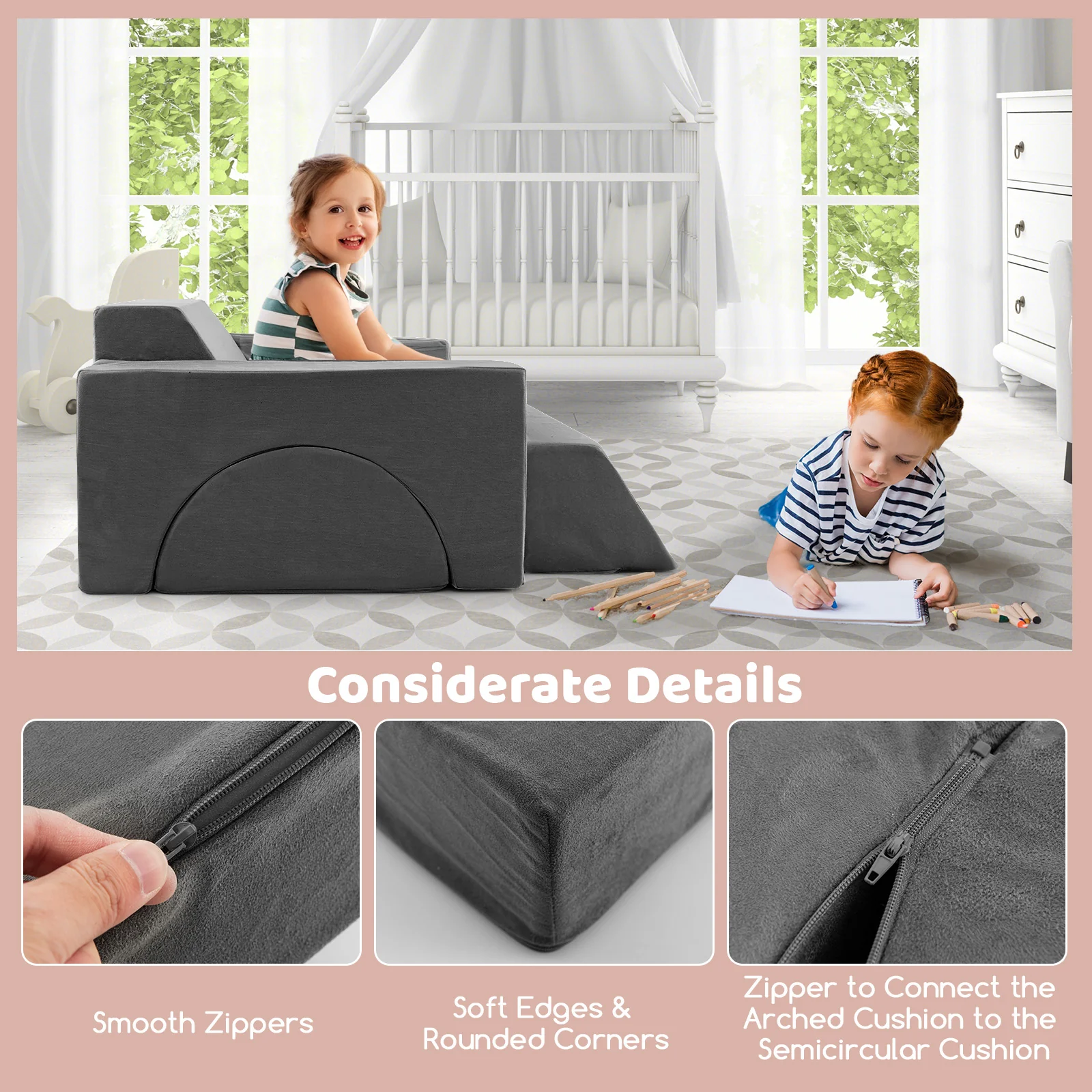 Kids Modular Play Sofa, 8 Pieces, Detachable Cover, Gray - Image 10