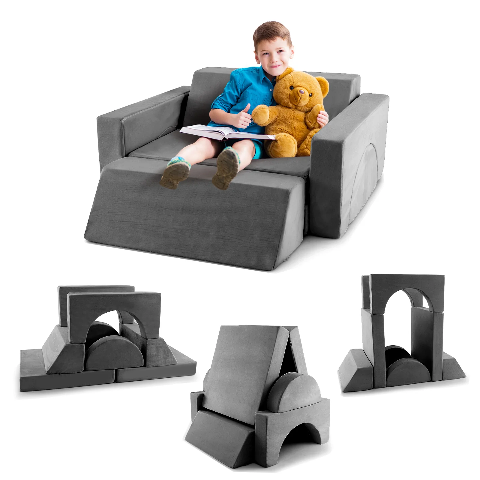 Kids Modular Play Sofa, 8 Pieces, Detachable Cover, Gray - Image 4