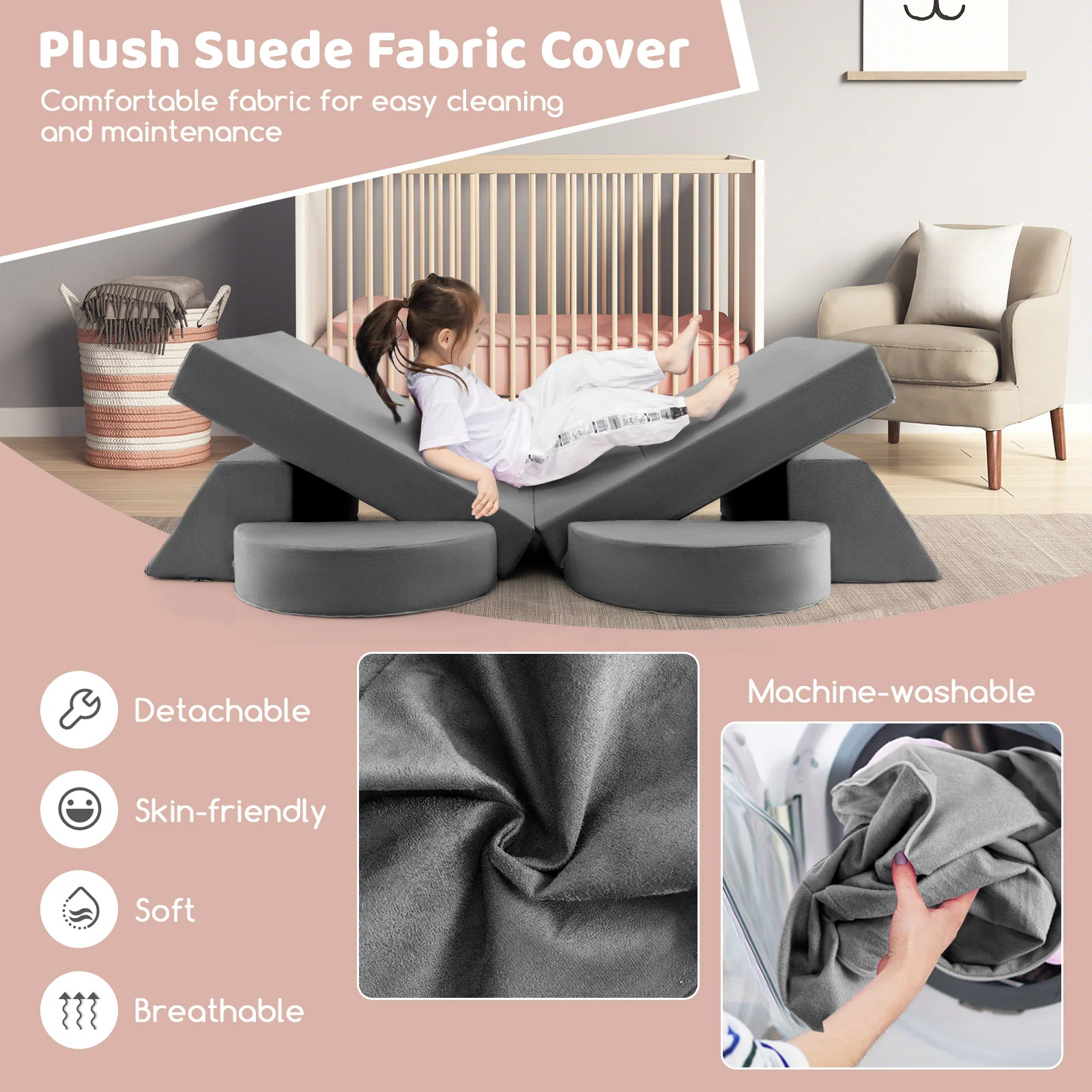 Kids Modular Play Sofa, 8 Pieces, Detachable Cover, Gray - Image 9