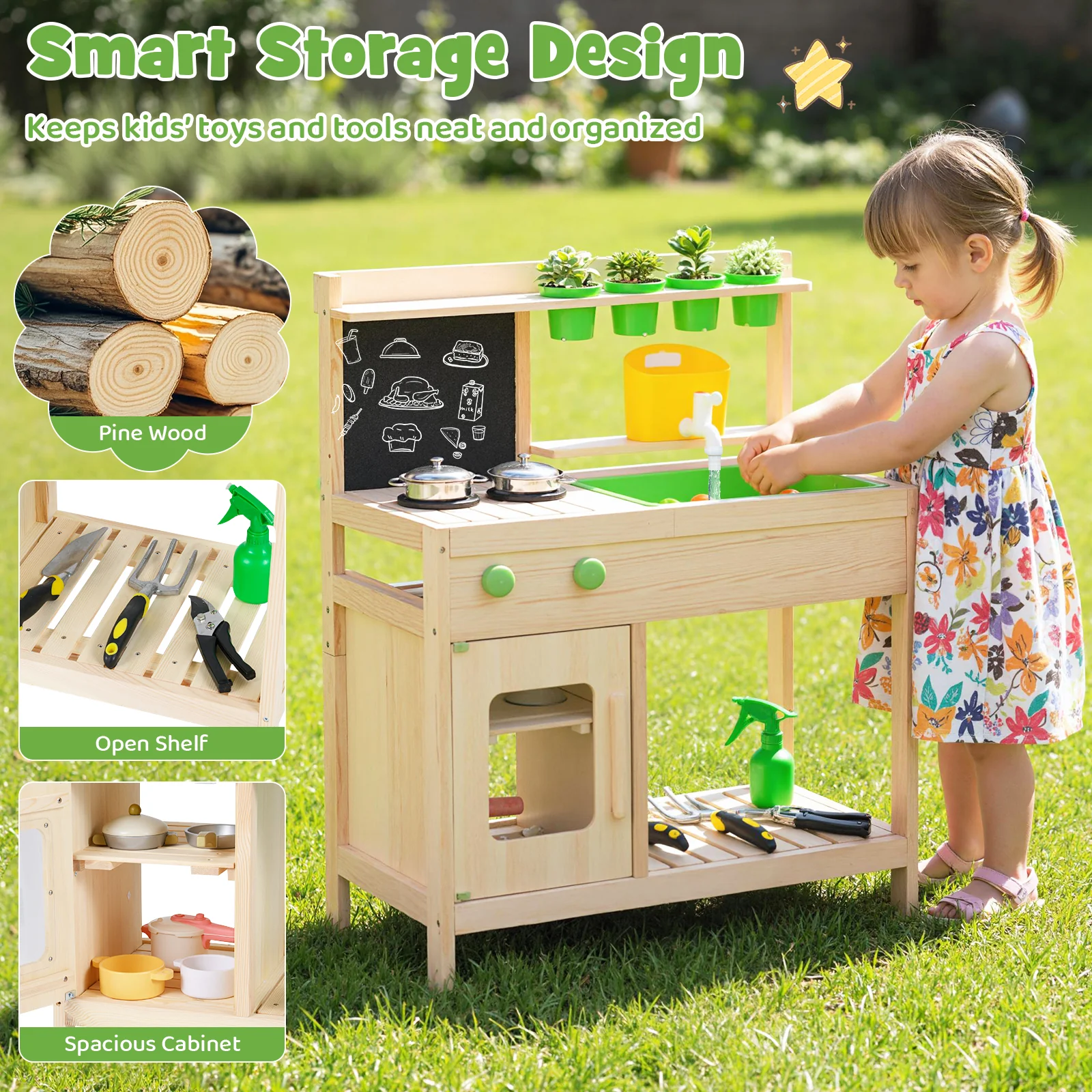 Kids Mud Kitchen Play Pretend Kitchen with Chalkboard for Kids Aged 3+ - Image 10