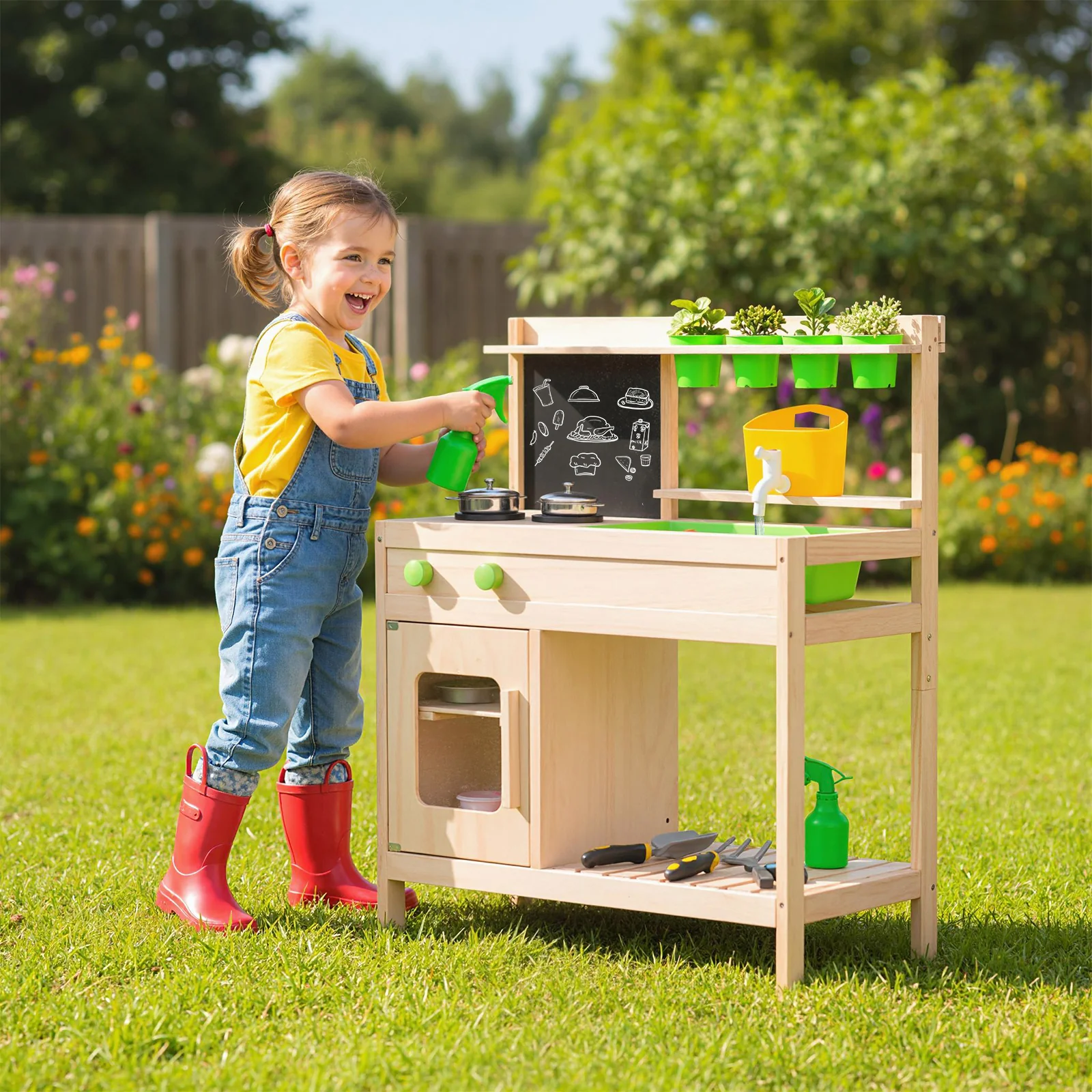 Kids Mud Kitchen Play Pretend Kitchen with Chalkboard for Kids Aged 3+ - Image 2