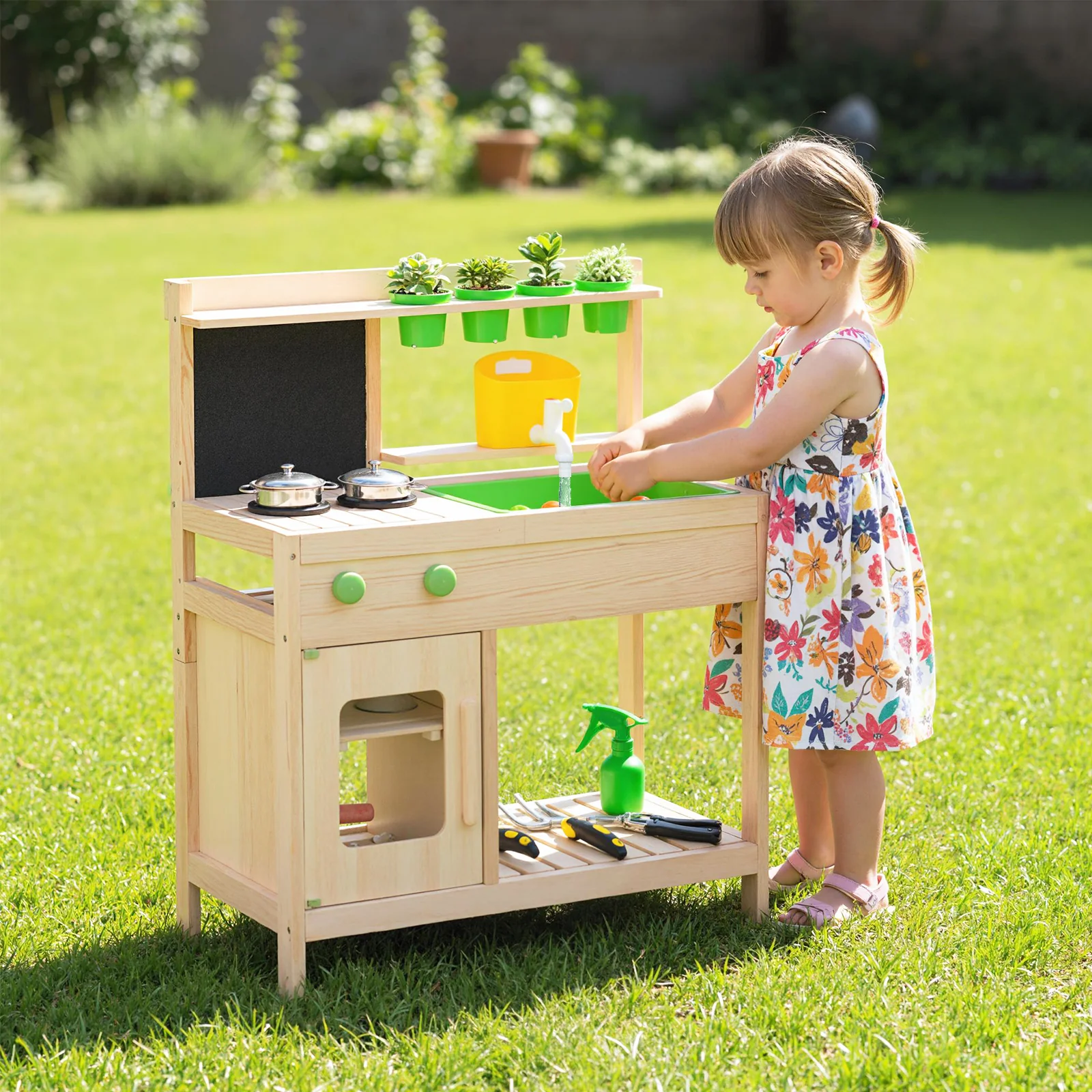 Kids Mud Kitchen Play Pretend Kitchen with Chalkboard for Kids Aged 3+ - Image 3