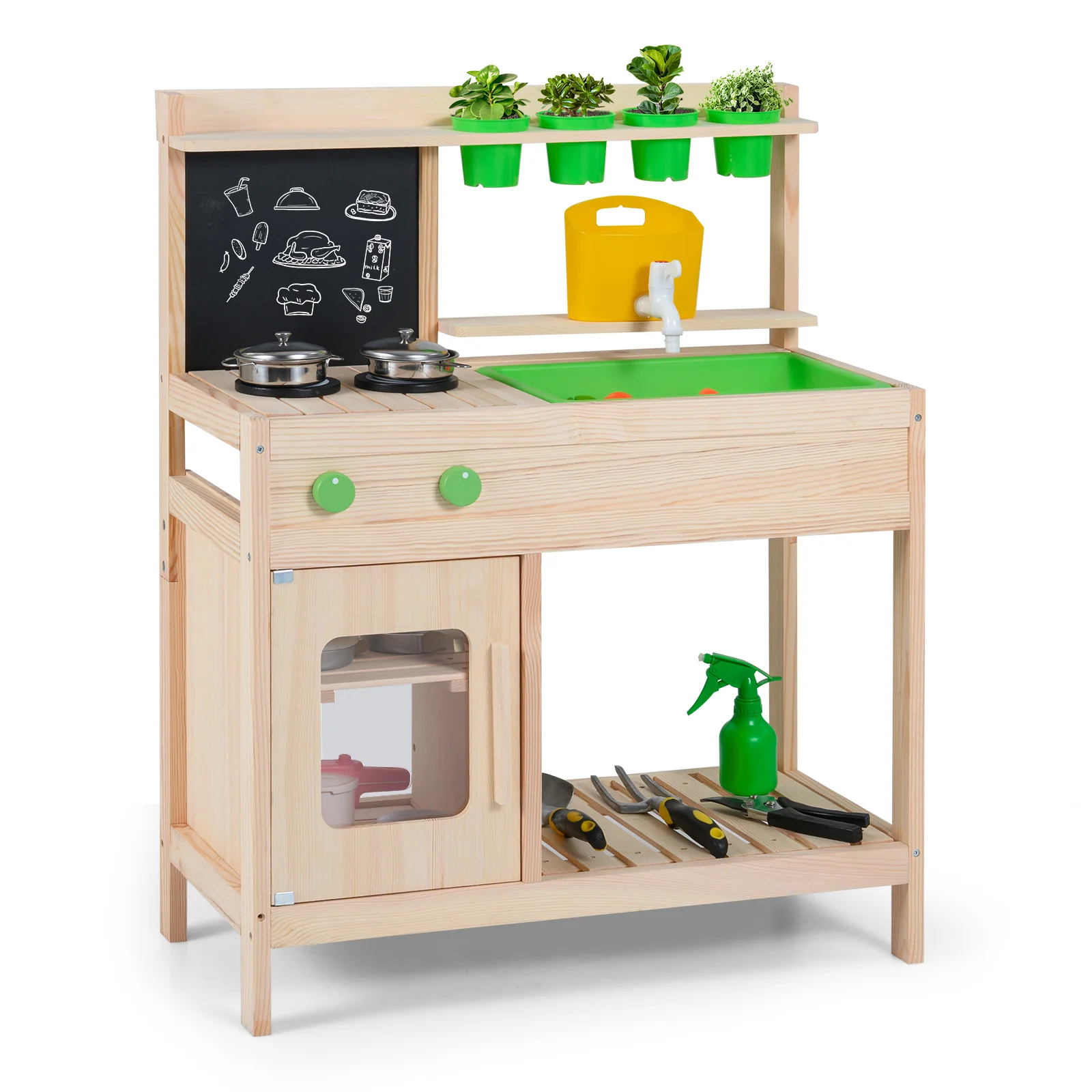 Kids Mud Kitchen Play Pretend Kitchen with Chalkboard for Kids Aged 3+ - Image 4