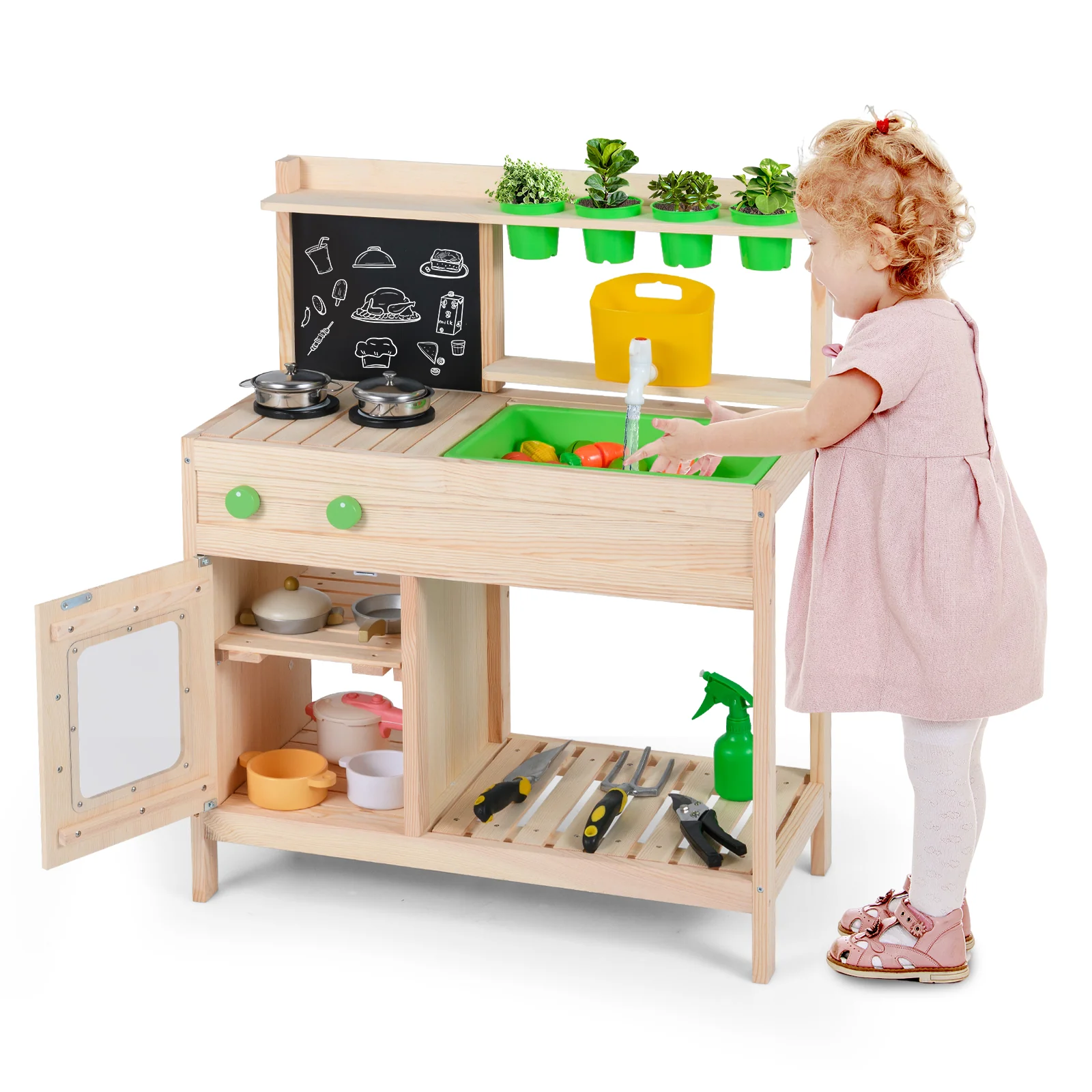 Kids Mud Kitchen Play Pretend Kitchen with Chalkboard for Kids Aged 3+ - Image 5