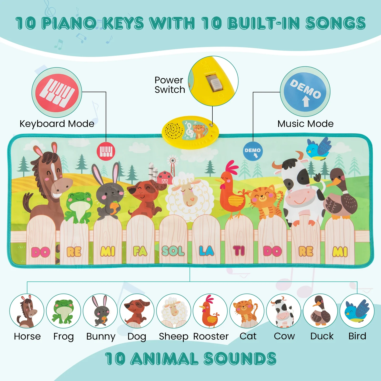Kids Musical Mat, Animal Farm Piano, Multicolor - Image 7