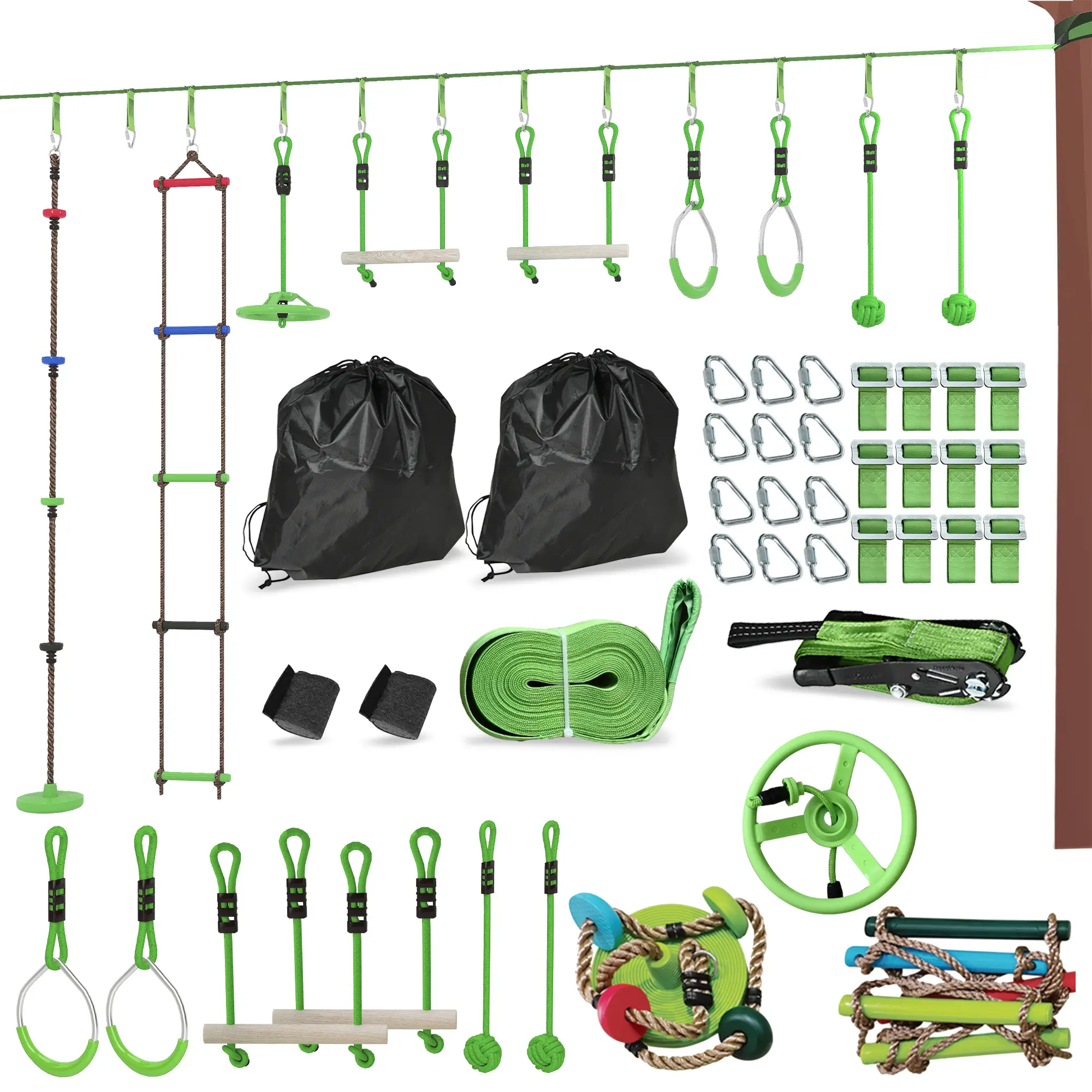 Kids Obstacle Course, 10-Piece Slackline Kit With Monkey Bars