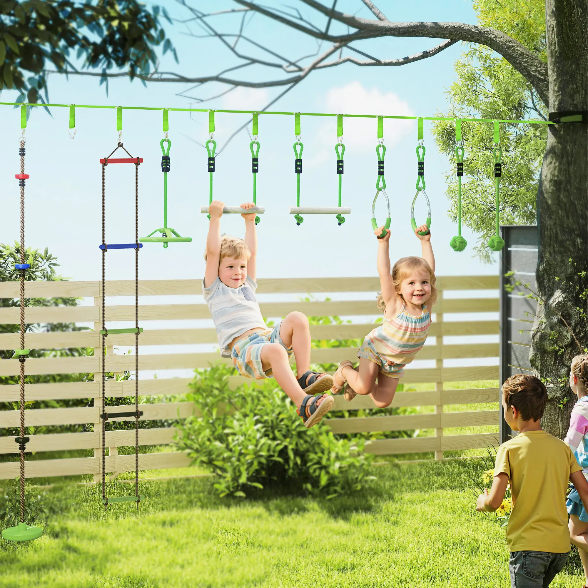 Kids Obstacle Course, 10-Piece Slackline Kit With Monkey Bars - Image 2