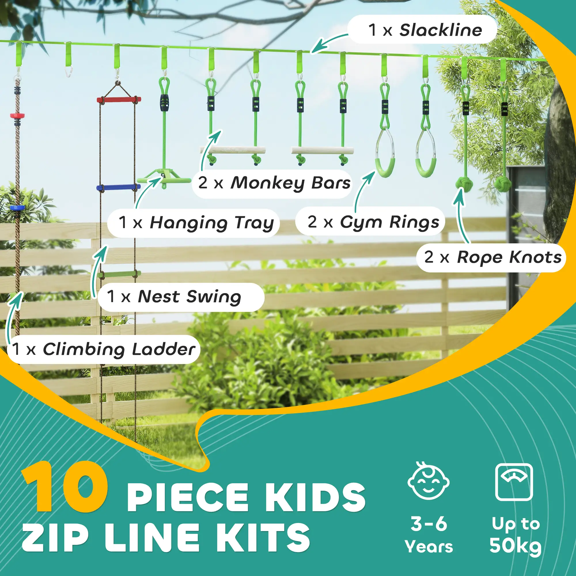 Kids Obstacle Course, 10-Piece Slackline Kit With Monkey Bars - Image 4