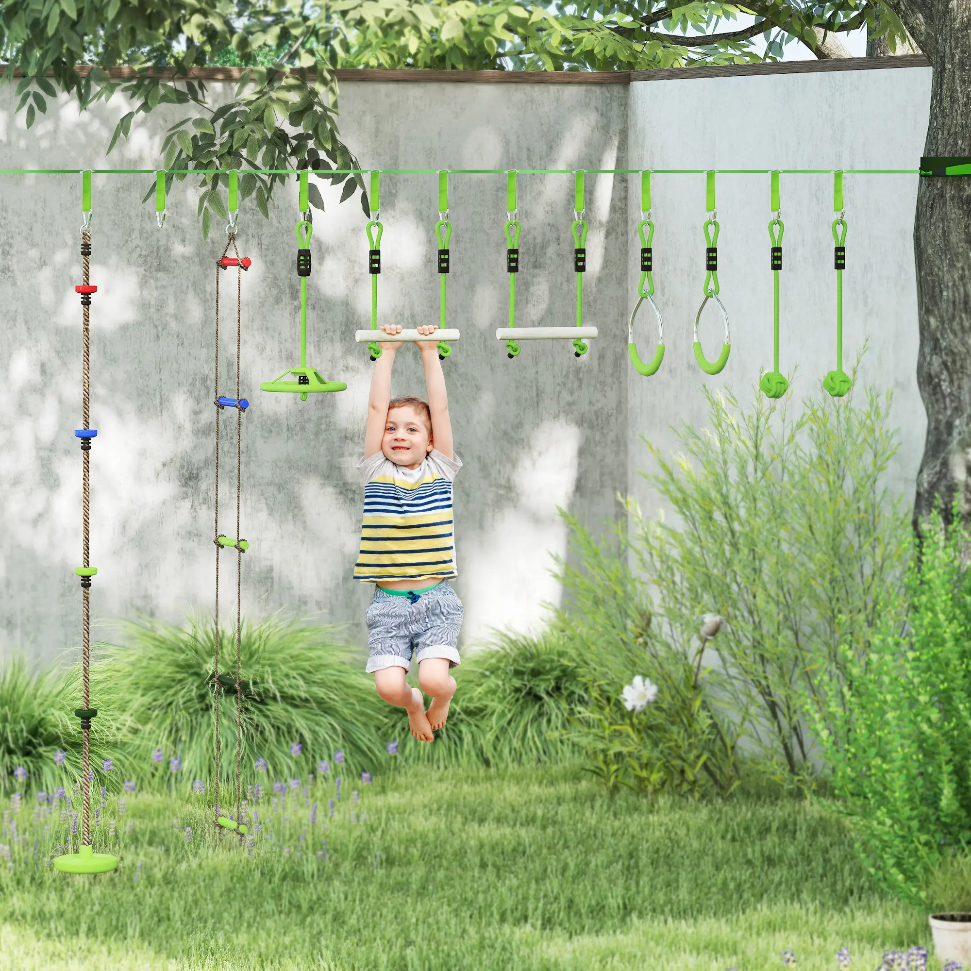 Kids Obstacle Course, 10-Piece Slackline Kit With Monkey Bars - Image 8