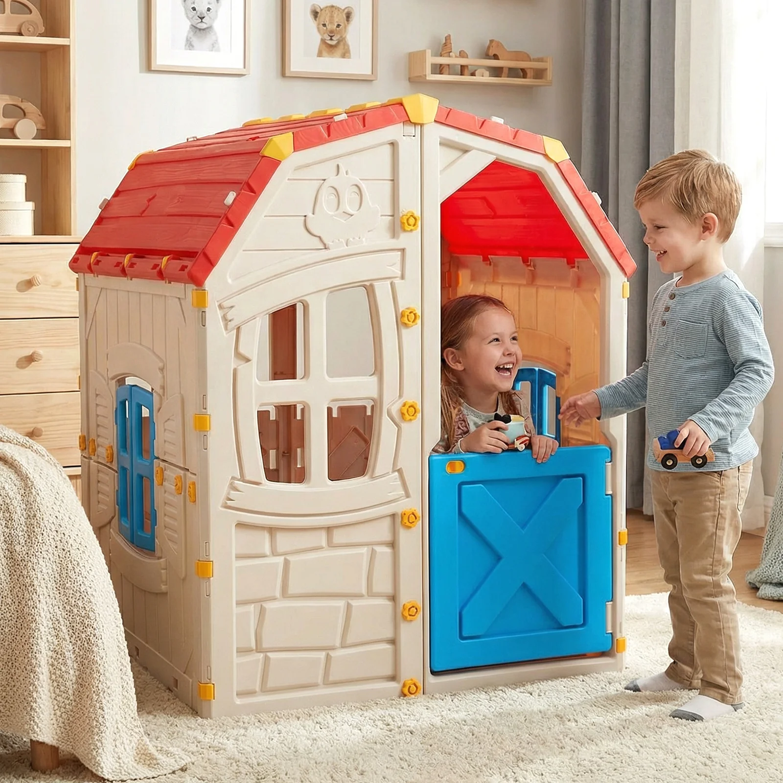 Kids Outdoor Playhouse with Openable Windows and Door for Indoor Room, Blue