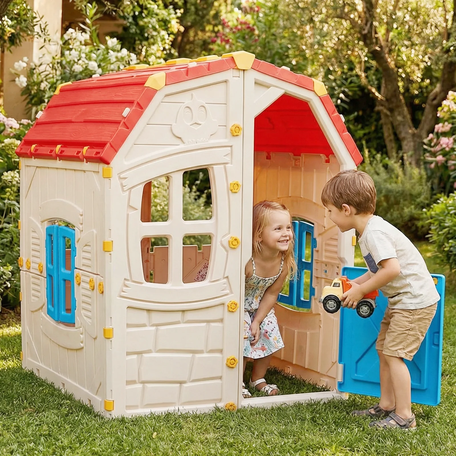 Kids Outdoor Playhouse with Openable Windows and Door for Indoor Room, Blue - Image 7