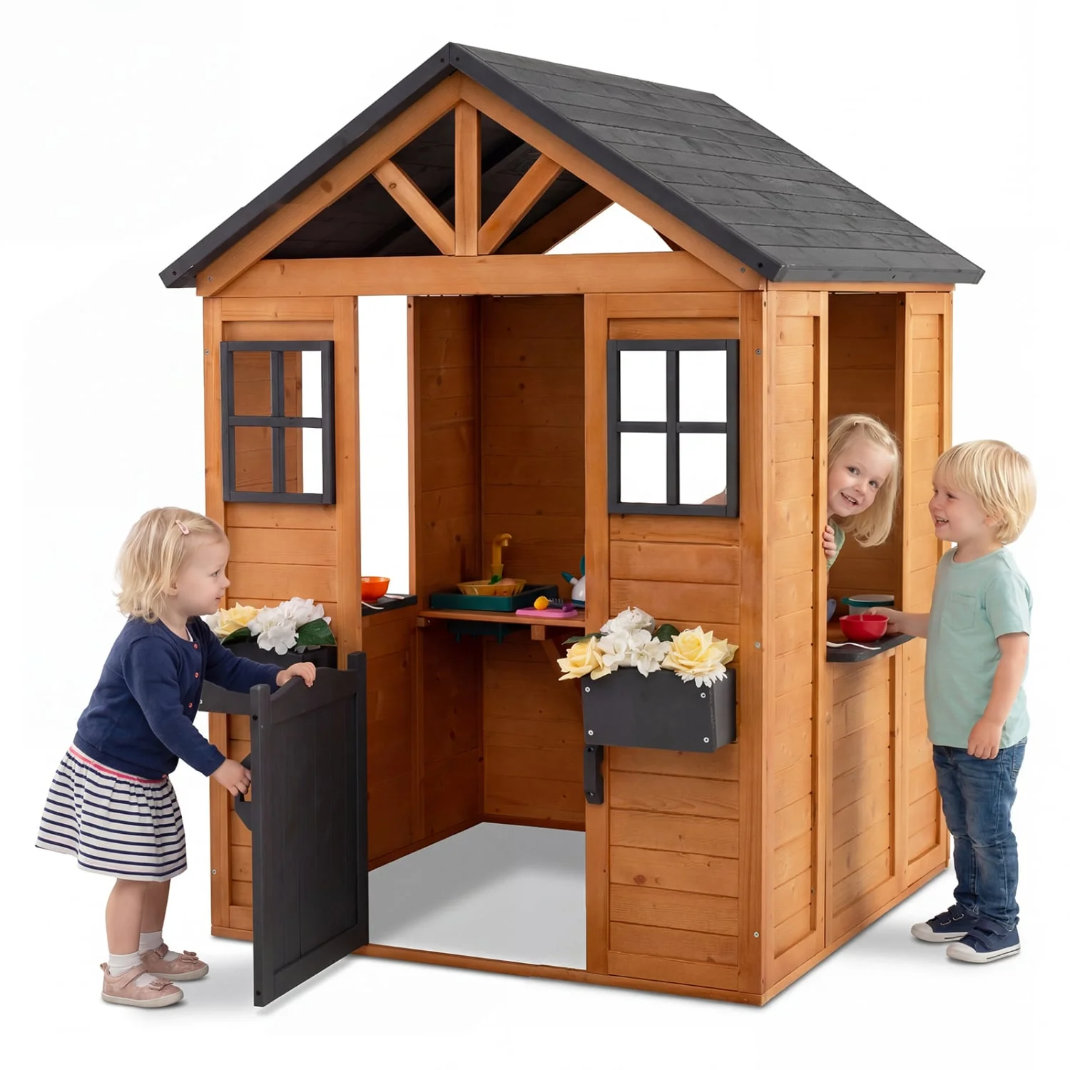 Kids Outdoor Playhouse with Sink, Wooden Cottage, Natural