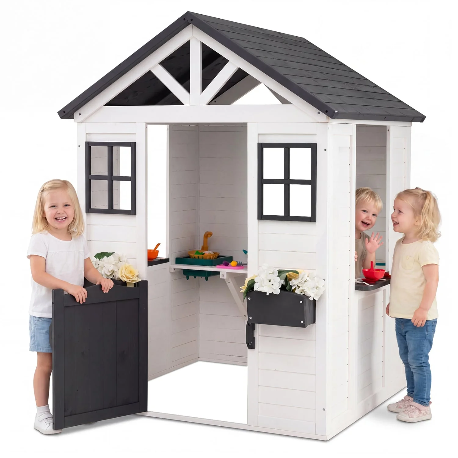 Kids Outdoor Playhouse with Sink, Wooden Cottage, White