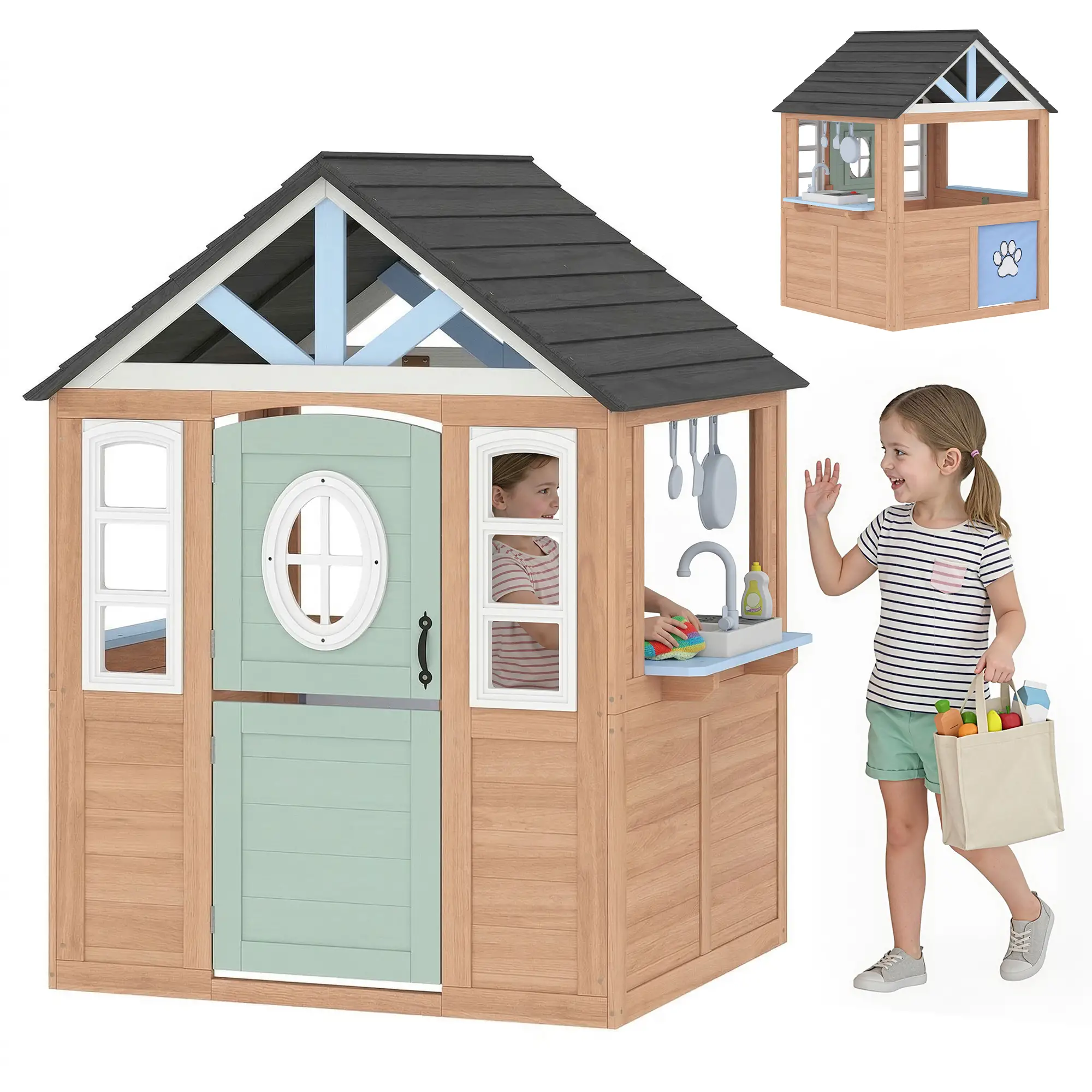 Kids Outdoor Playhouse, Wooden Cottage With Pet Door, Play Kitchen