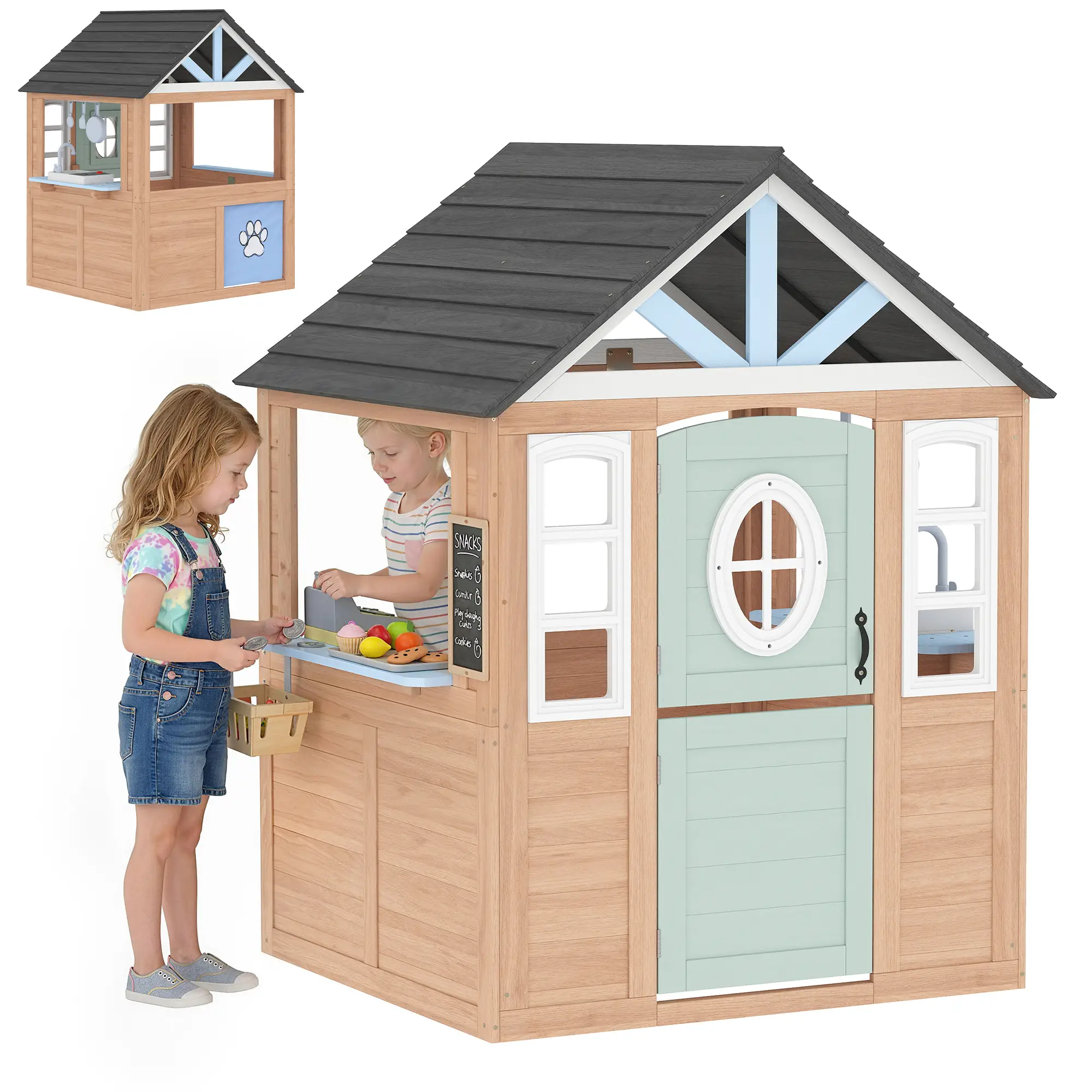 Kids Outdoor Playhouse, Wooden Cottage With Pet Door, Play Kitchen - Image 11