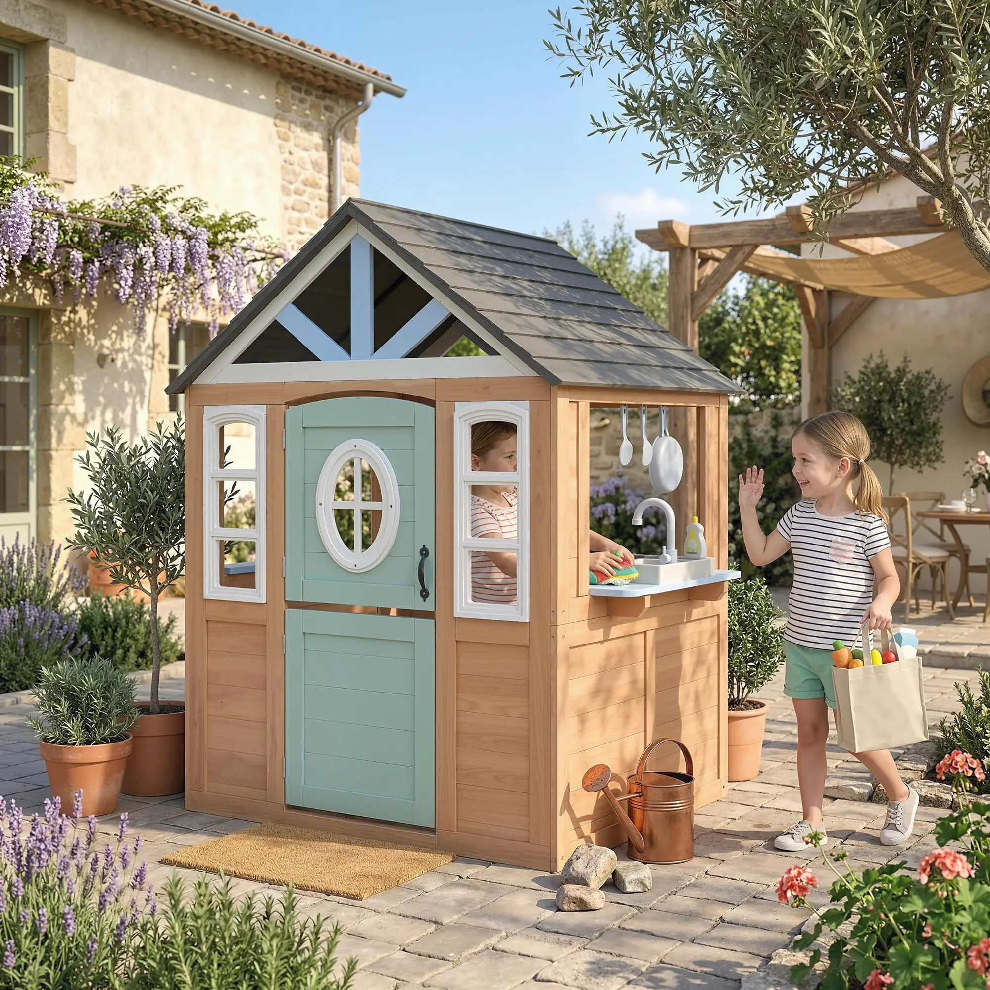 Kids Outdoor Playhouse, Wooden Cottage With Pet Door, Play Kitchen - Image 2