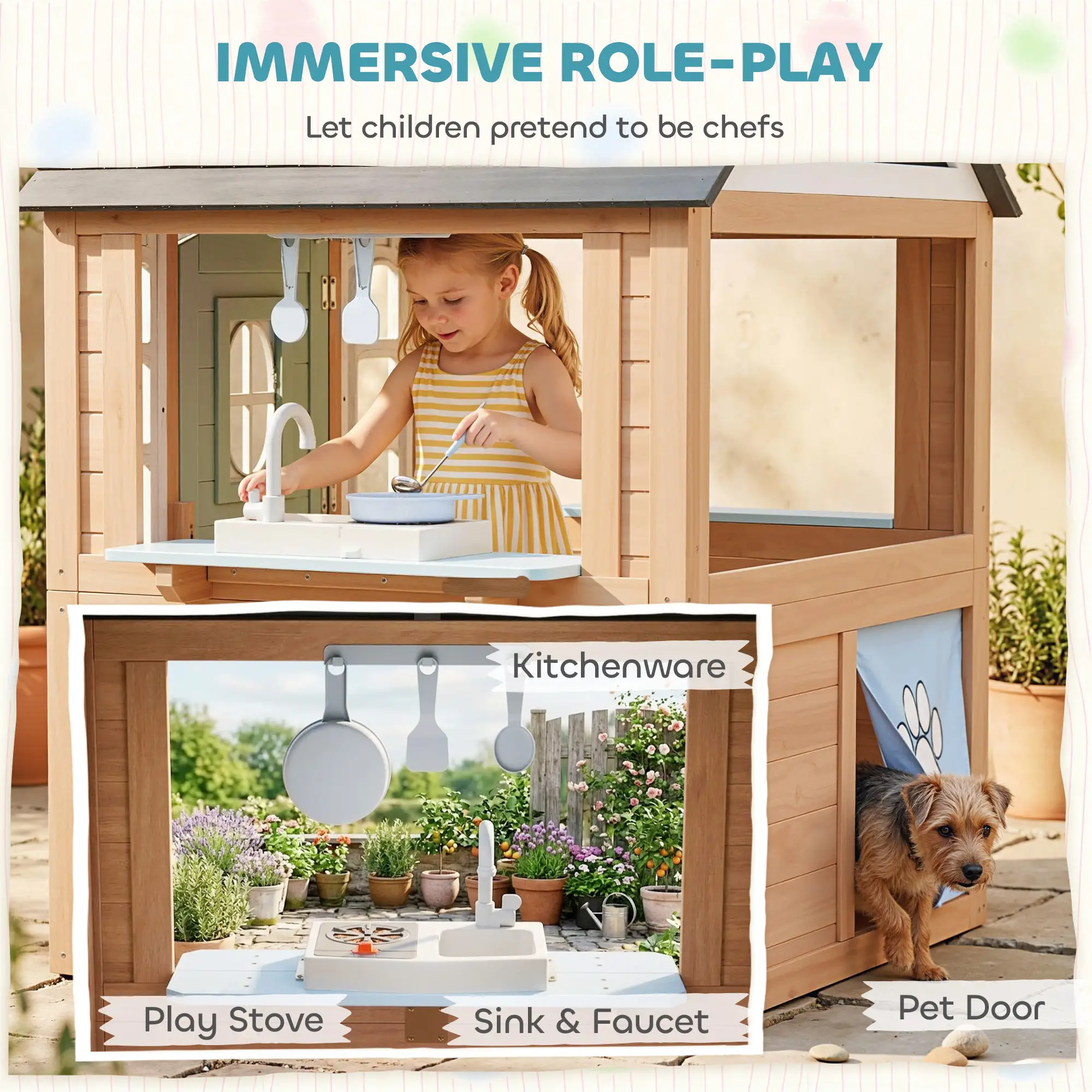 Kids Outdoor Playhouse, Wooden Cottage With Pet Door, Play Kitchen - Image 4
