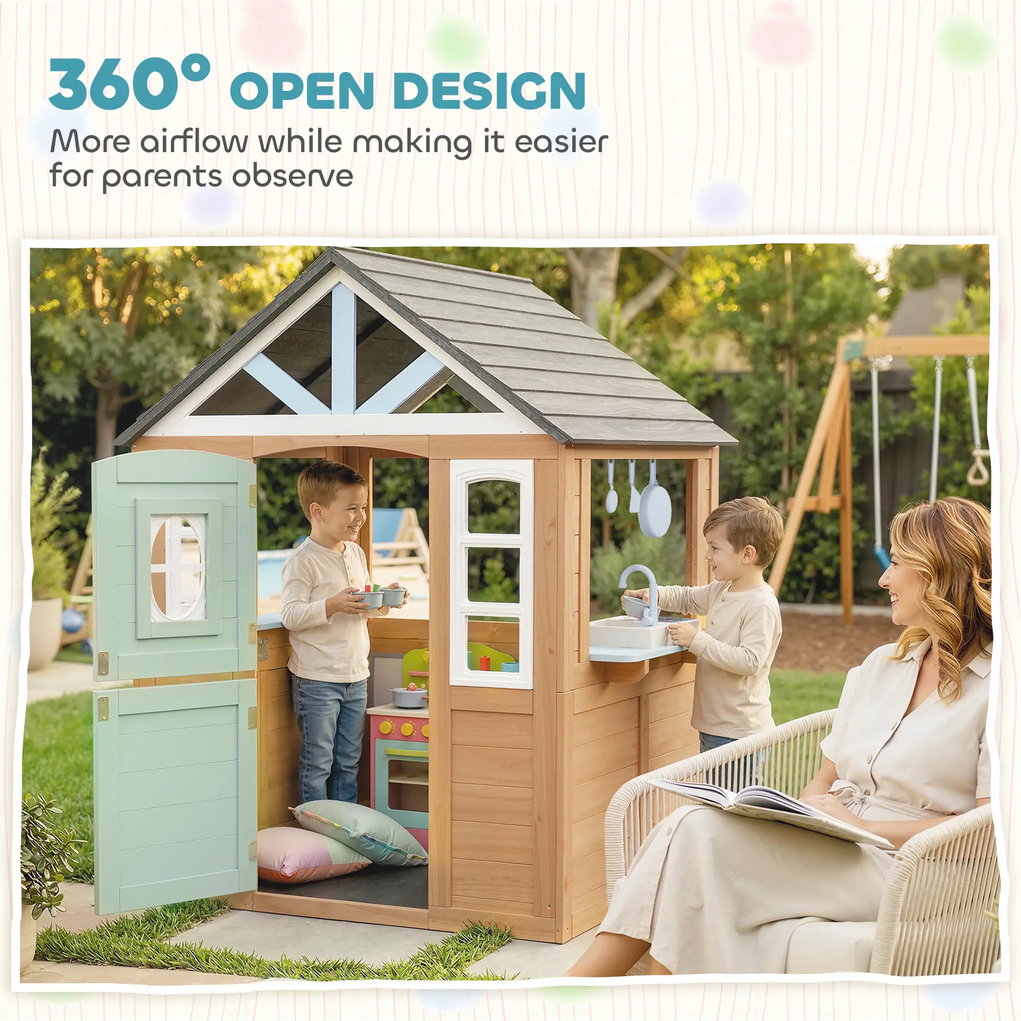 Kids Outdoor Playhouse, Wooden Cottage With Pet Door, Play Kitchen - Image 7