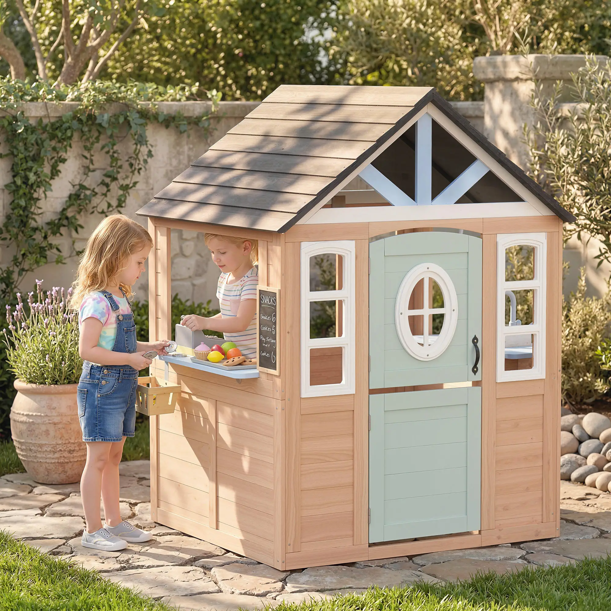 Kids Outdoor Playhouse, Wooden Cottage With Pet Door, Play Kitchen - Image 8
