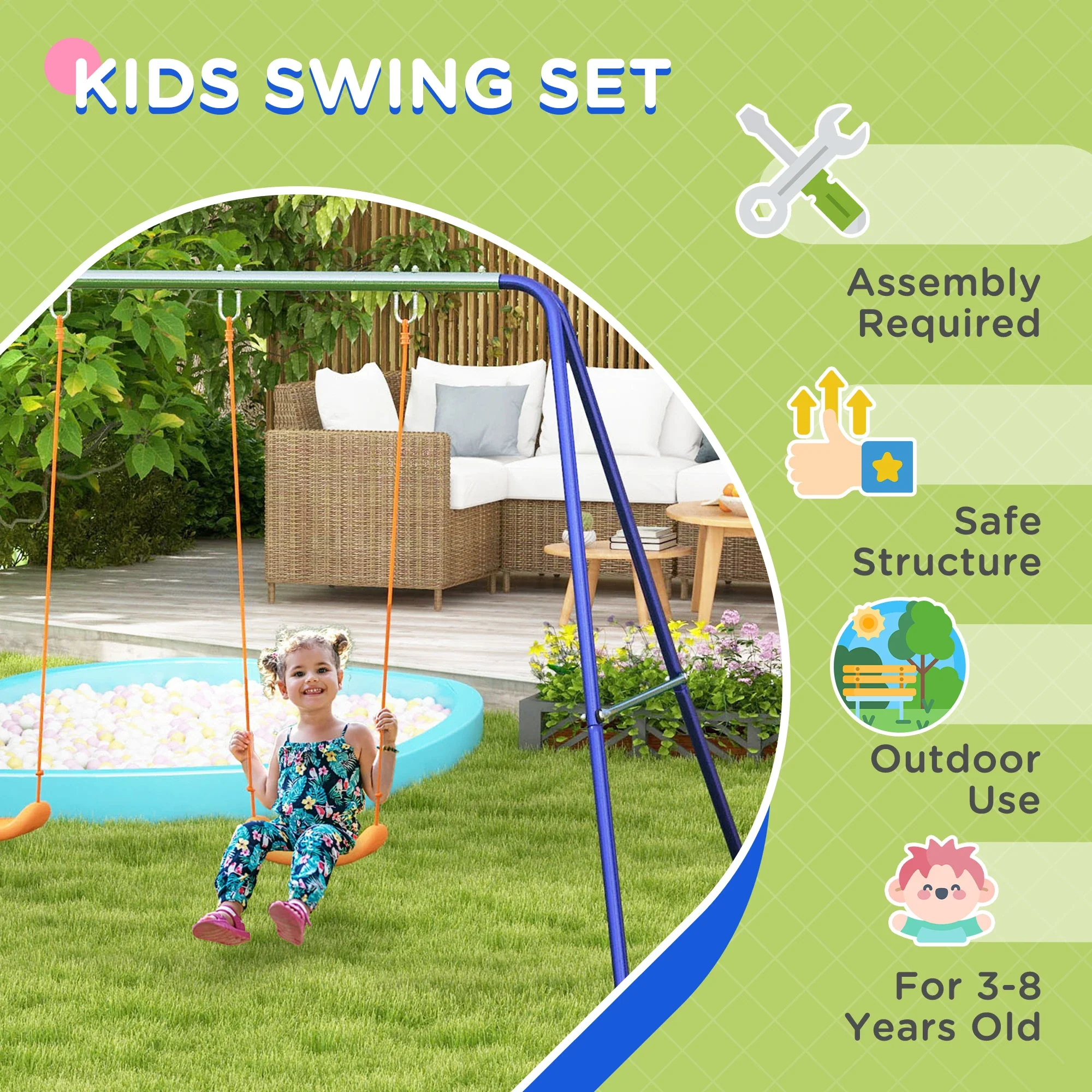 Kids Outdoor Swing Set, Metal Frame, Double Seats, Ages 3-8 - Image 7