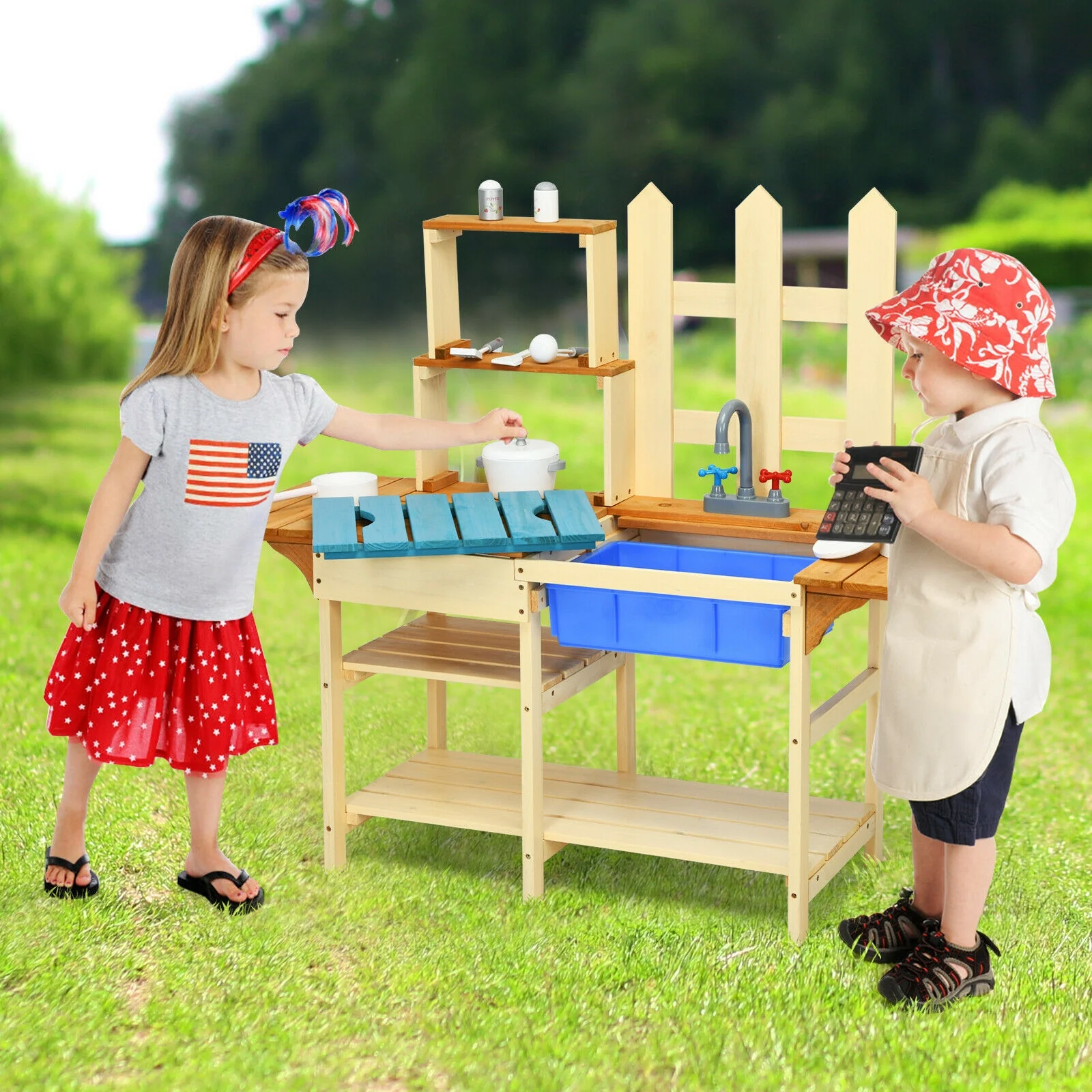 Kids Outdoor Wooden Pretend Cook Kitchen Playset Toy, Natural - Image 2