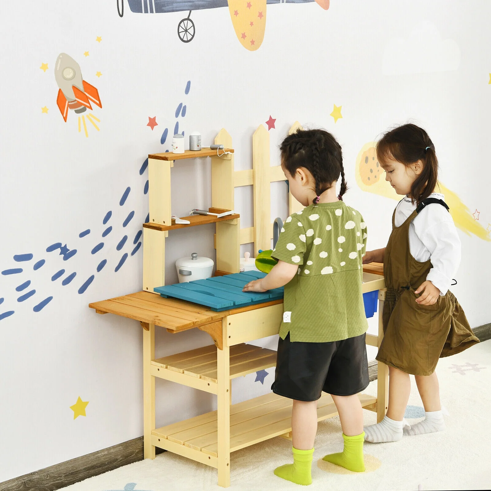 Kids Outdoor Wooden Pretend Cook Kitchen Playset Toy, Natural - Image 3