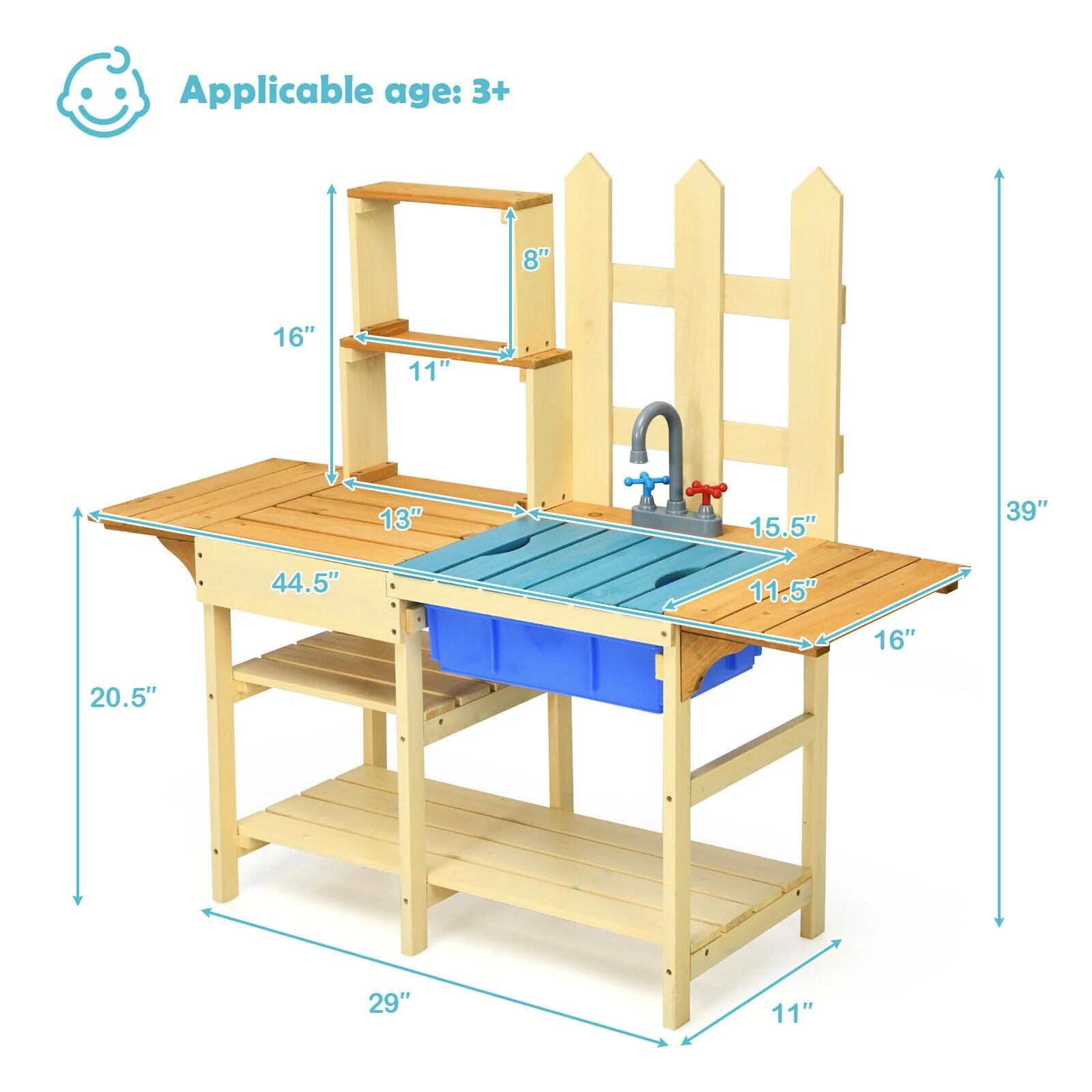 Kids Outdoor Wooden Pretend Cook Kitchen Playset Toy, Natural - Image 6