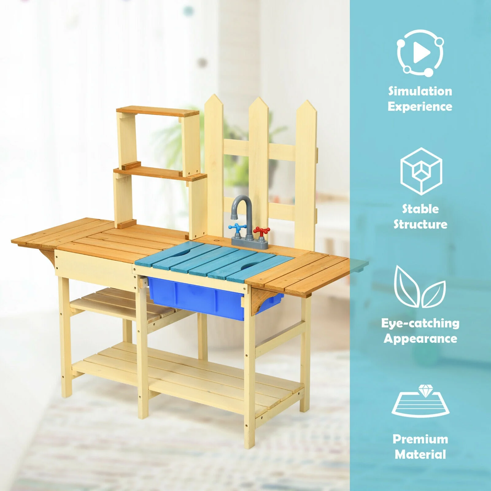 Kids Outdoor Wooden Pretend Cook Kitchen Playset Toy, Natural - Image 7