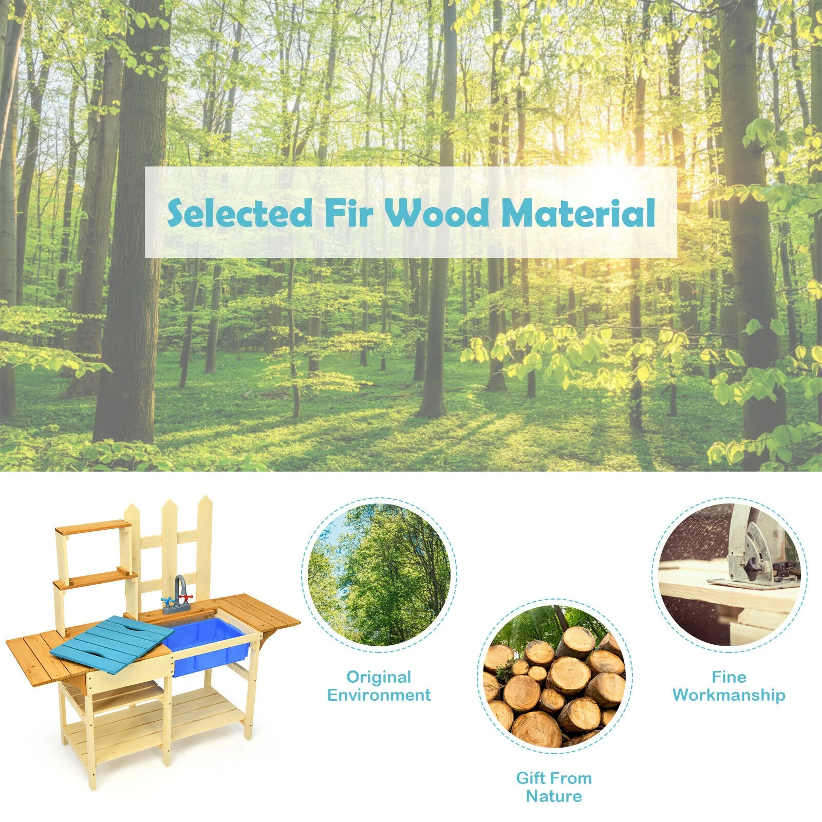 Kids Outdoor Wooden Pretend Cook Kitchen Playset Toy, Natural - Image 8