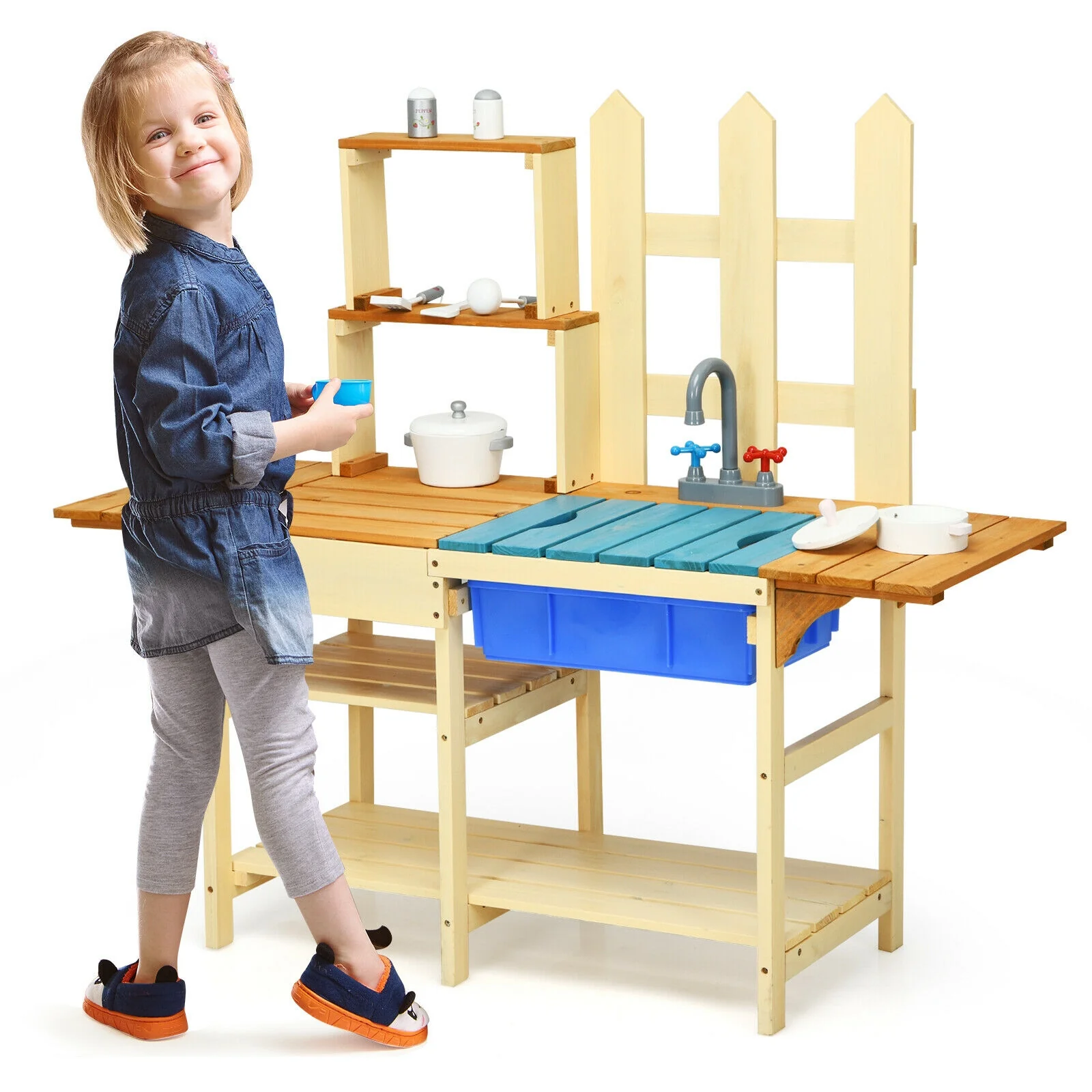 Kids Outdoor Wooden Pretend Cook Kitchen Playset Toy, Natural - Image 9