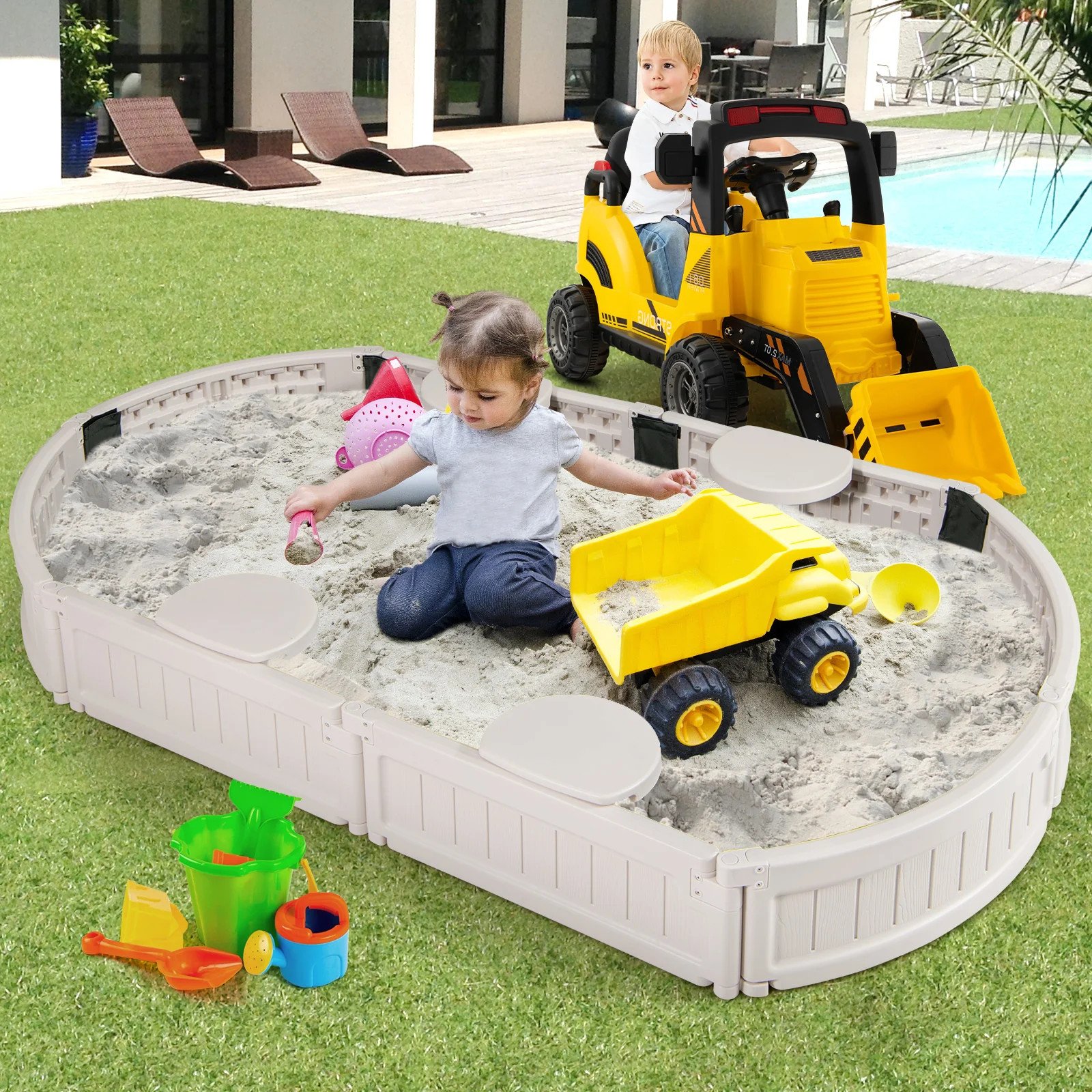 Kids Oval Sandbox, 6 Feet, Built-in Seat, Bottom Liner, White - Image 3