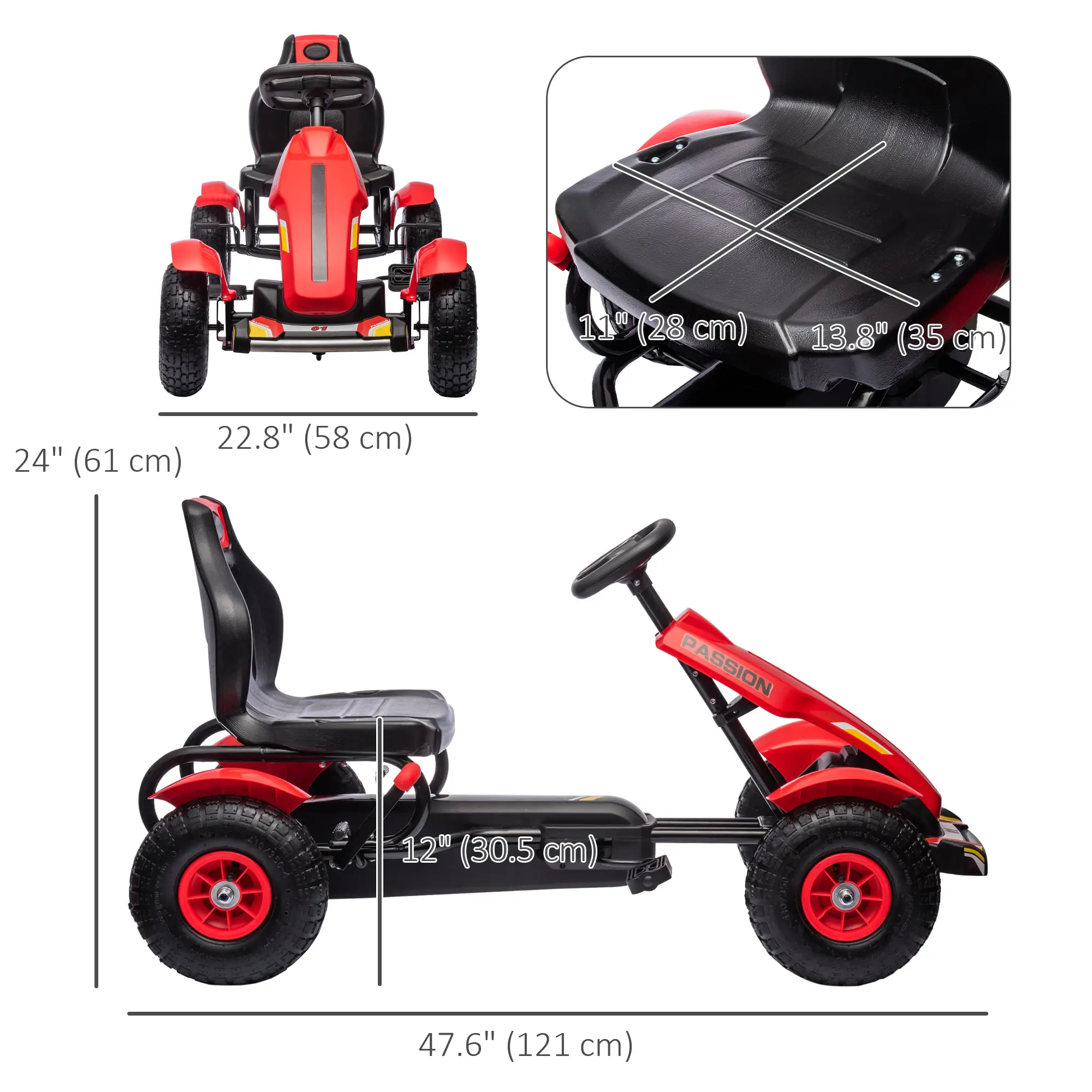 Kids Pedal Go Kart, Adjustable Bucket, Handbrake, 4 Rubber Wheels, Red - Image 3