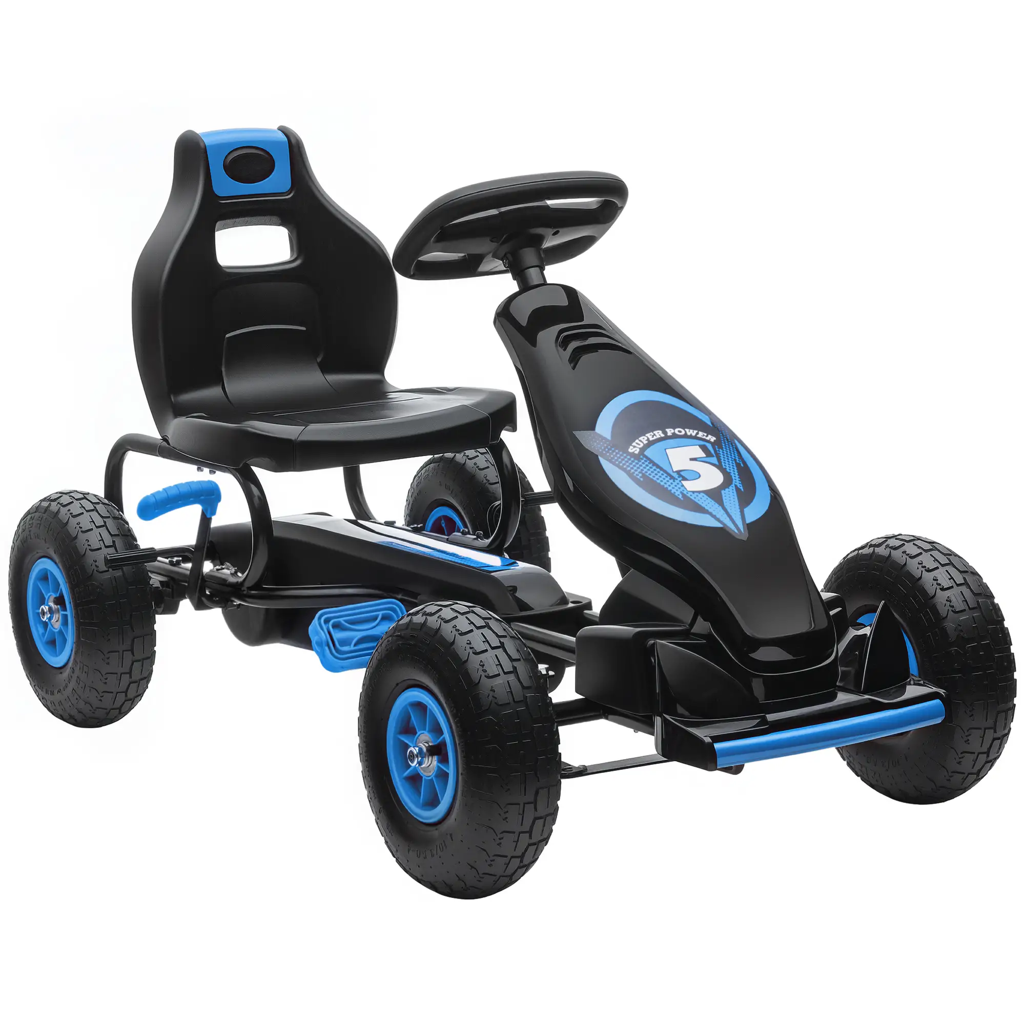 Kids Pedal Go Kart, Adjustable Seat, Rubber Wheels, Hand Brake, Ages 5-12, Blue