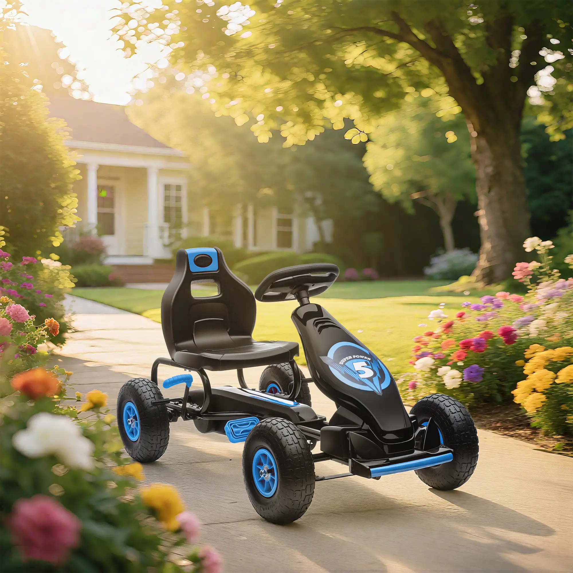 Kids Pedal Go Kart, Adjustable Seat, Rubber Wheels, Hand Brake, Ages 5-12, Blue - Image 10