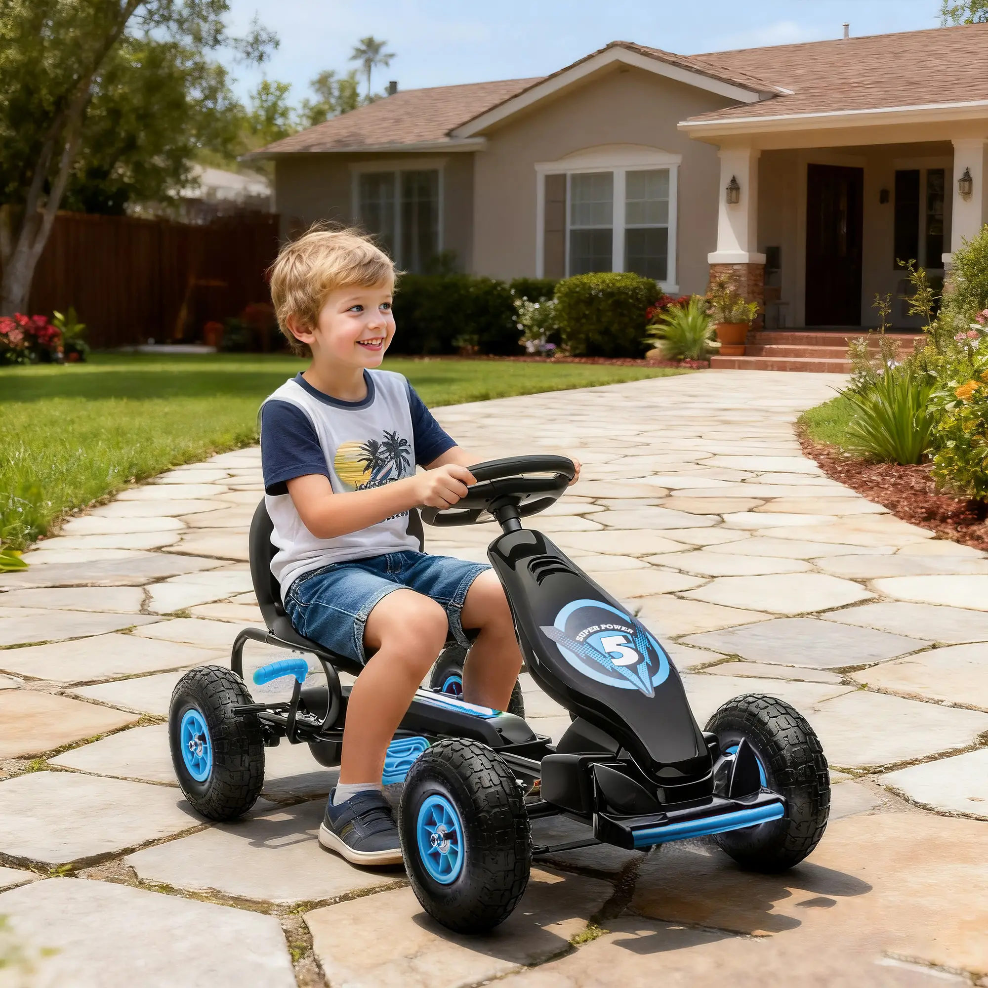Kids Pedal Go Kart, Adjustable Seat, Rubber Wheels, Hand Brake, Ages 5-12, Blue - Image 2