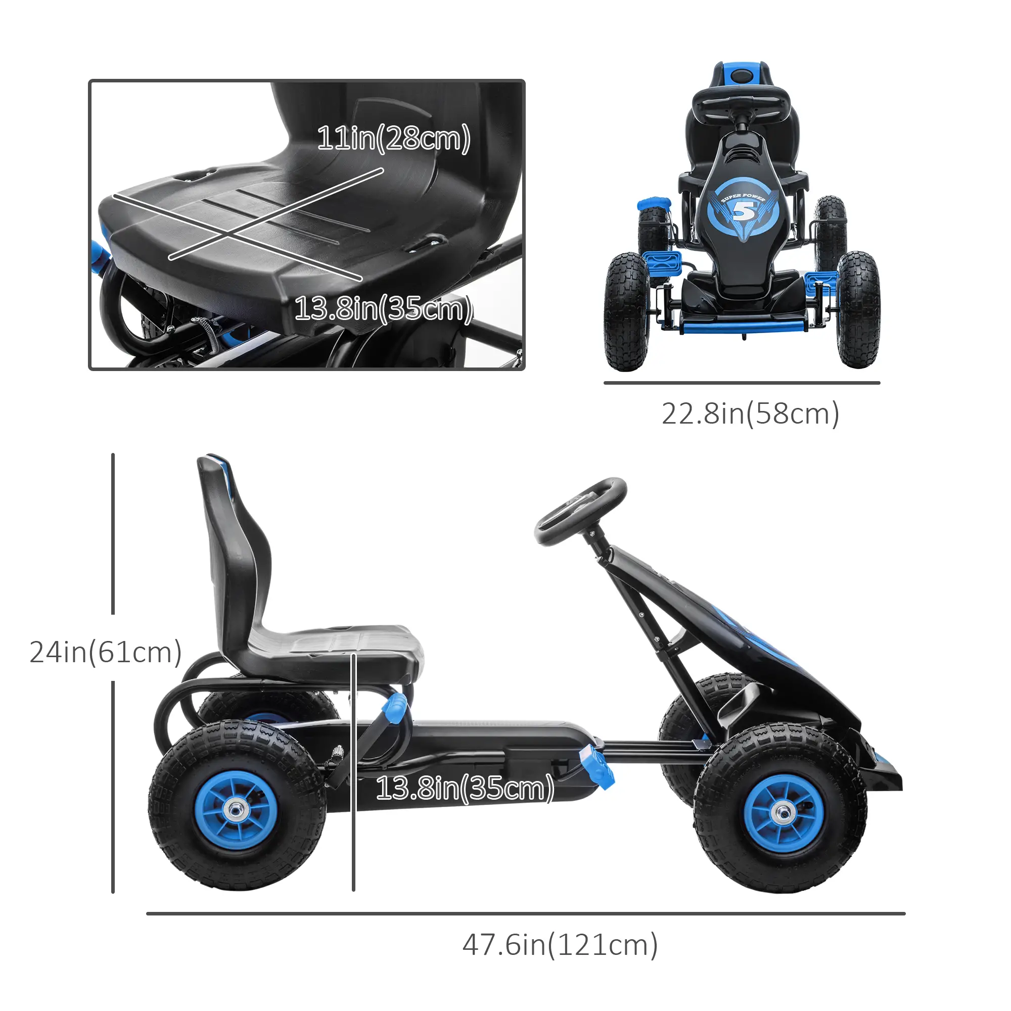 Kids Pedal Go Kart, Adjustable Seat, Rubber Wheels, Hand Brake, Ages 5-12, Blue - Image 3
