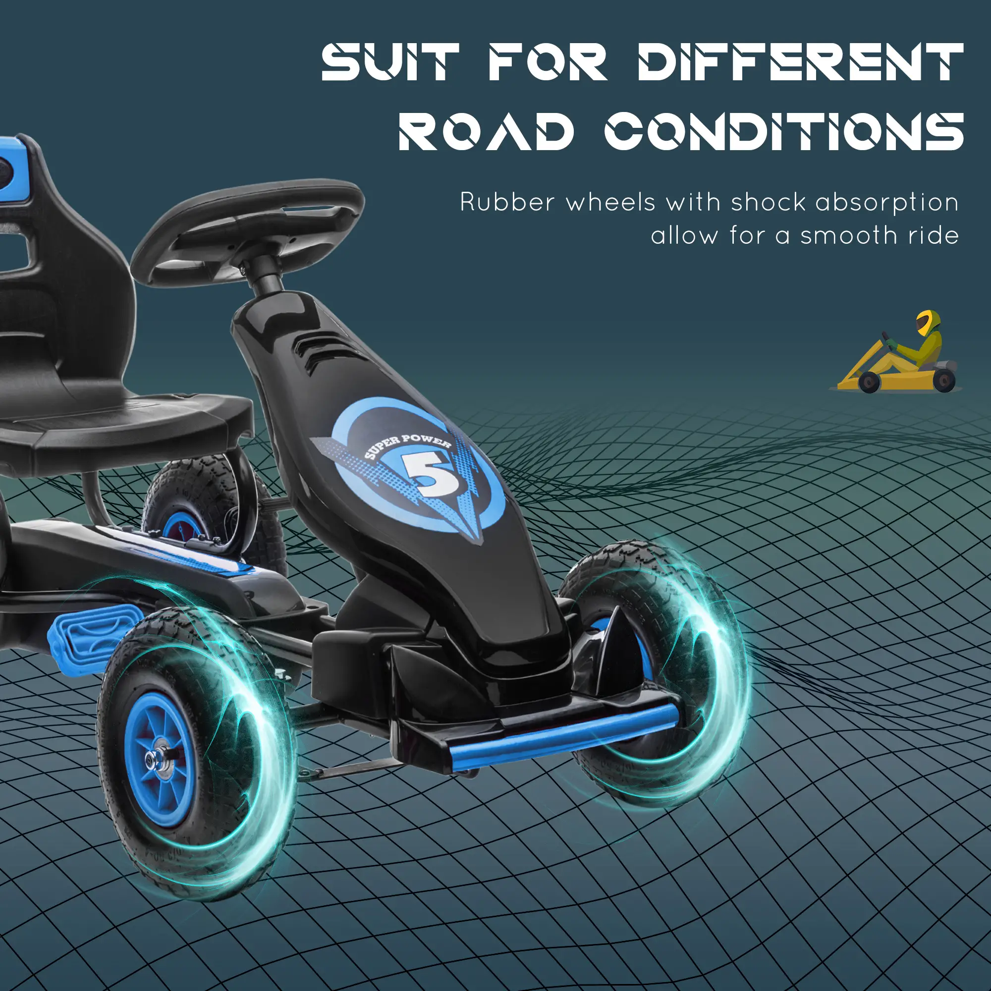Kids Pedal Go Kart, Adjustable Seat, Rubber Wheels, Hand Brake, Ages 5-12, Blue - Image 6