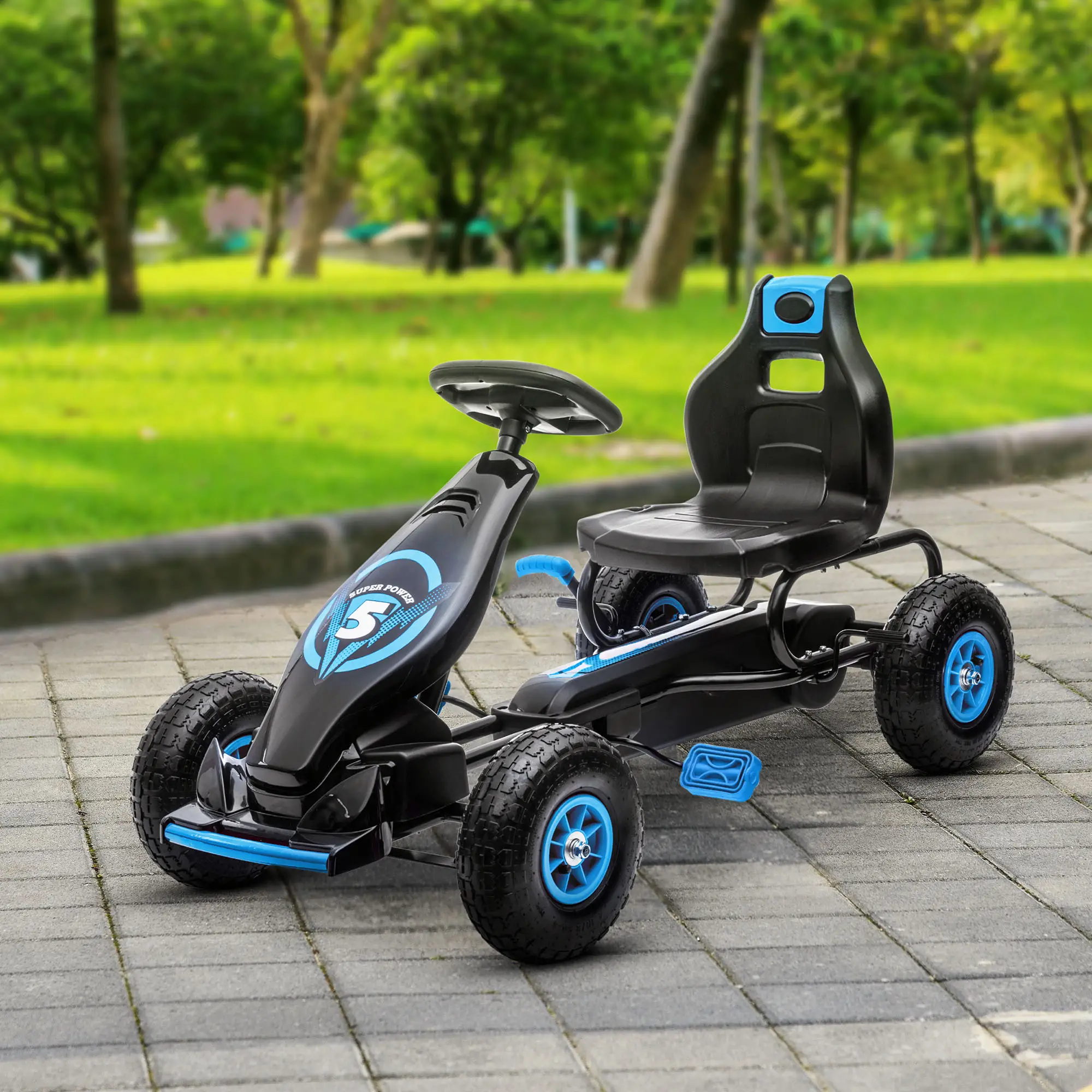 Kids Pedal Go Kart, Adjustable Seat, Rubber Wheels, Hand Brake, Ages 5-12, Blue - Image 8