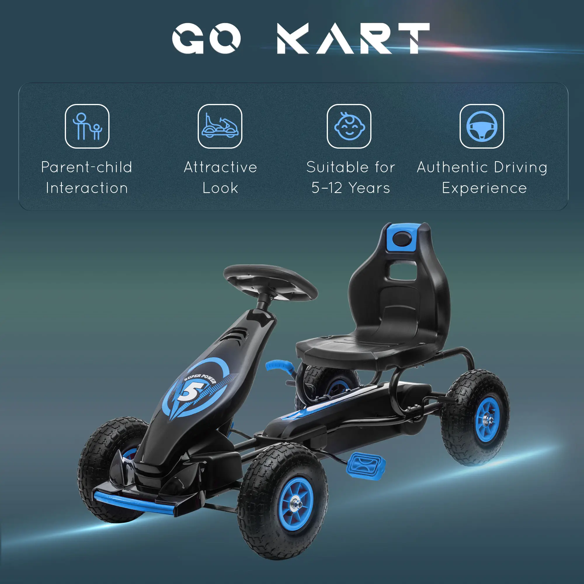 Kids Pedal Go Kart, Adjustable Seat, Rubber Wheels, Hand Brake, Ages 5-12, Blue - Image 9