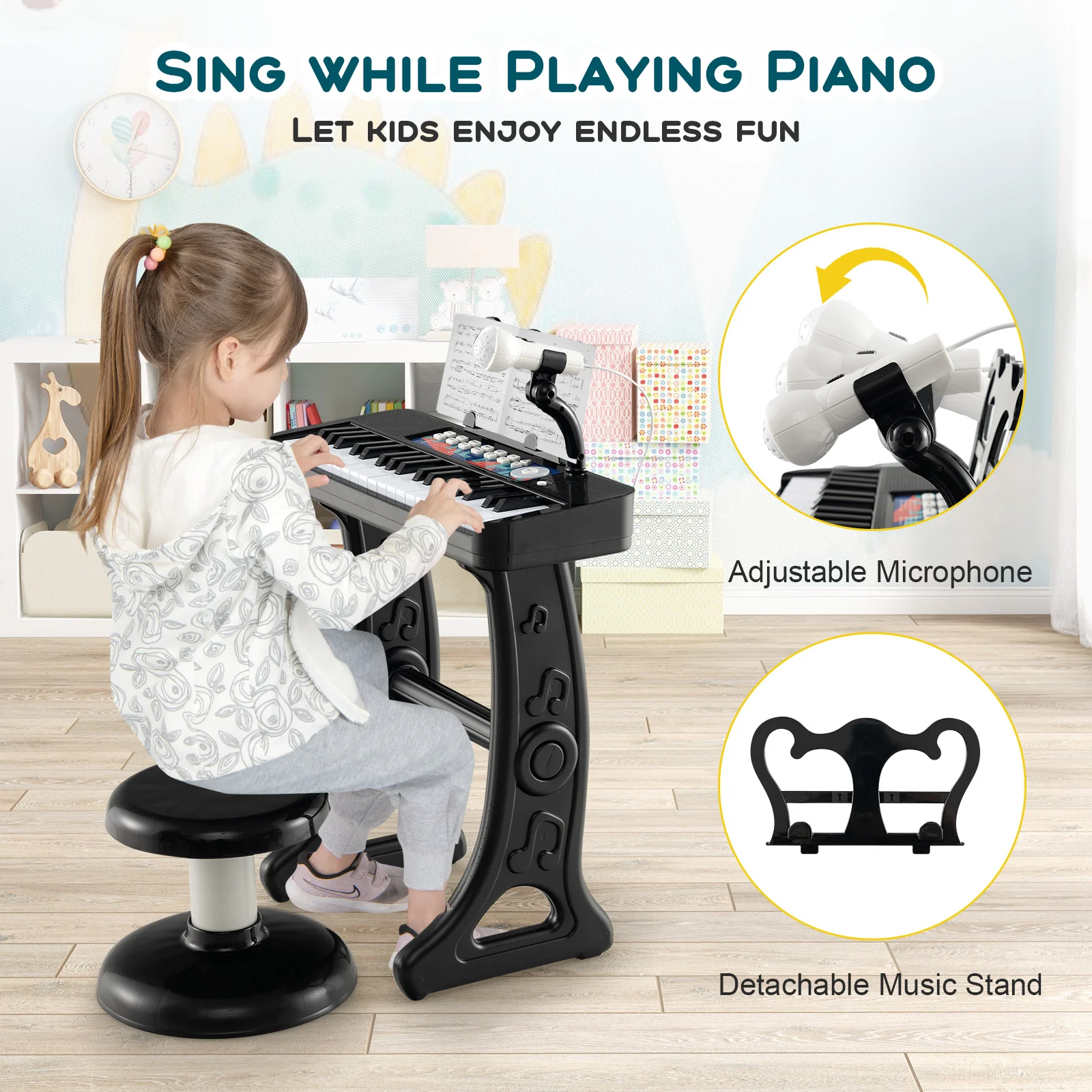 Kids Piano Keyboard, 37-Key, With Microphone, Black - Image 10