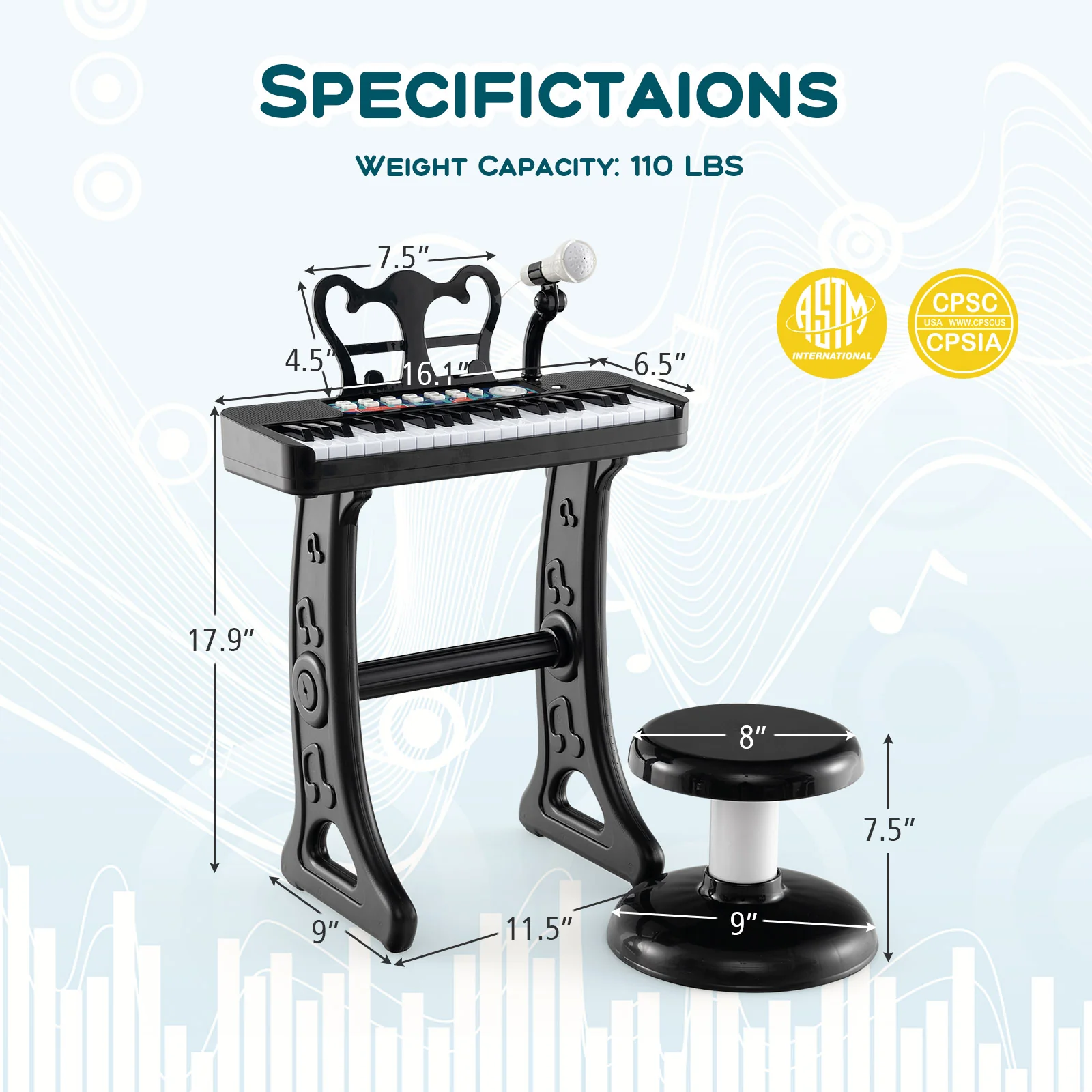 Kids Piano Keyboard, 37-Key, With Microphone, Black - Image 6