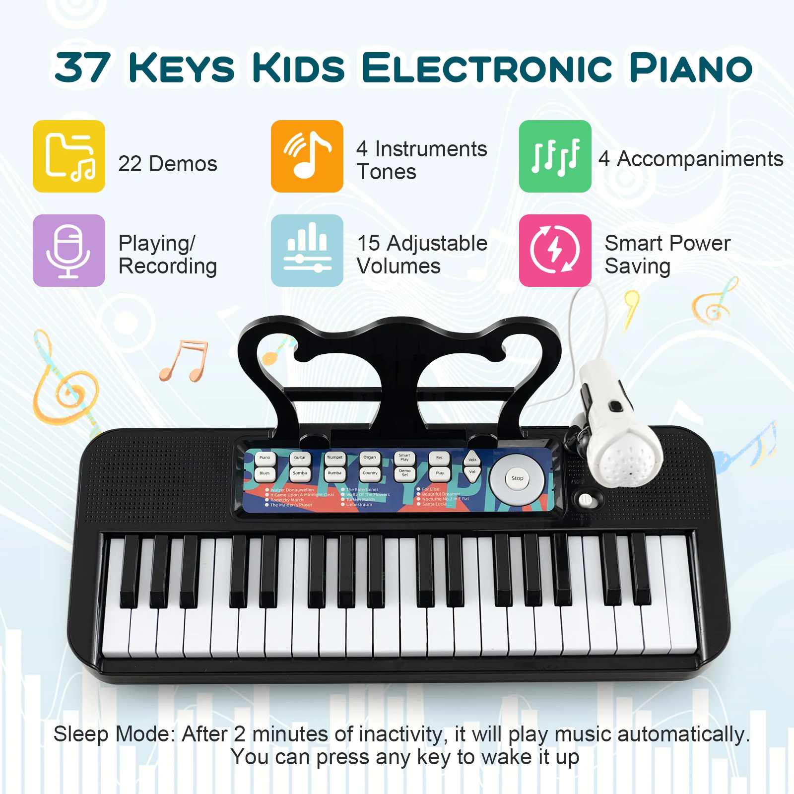 Kids Piano Keyboard, 37-Key, With Microphone, Black - Image 9
