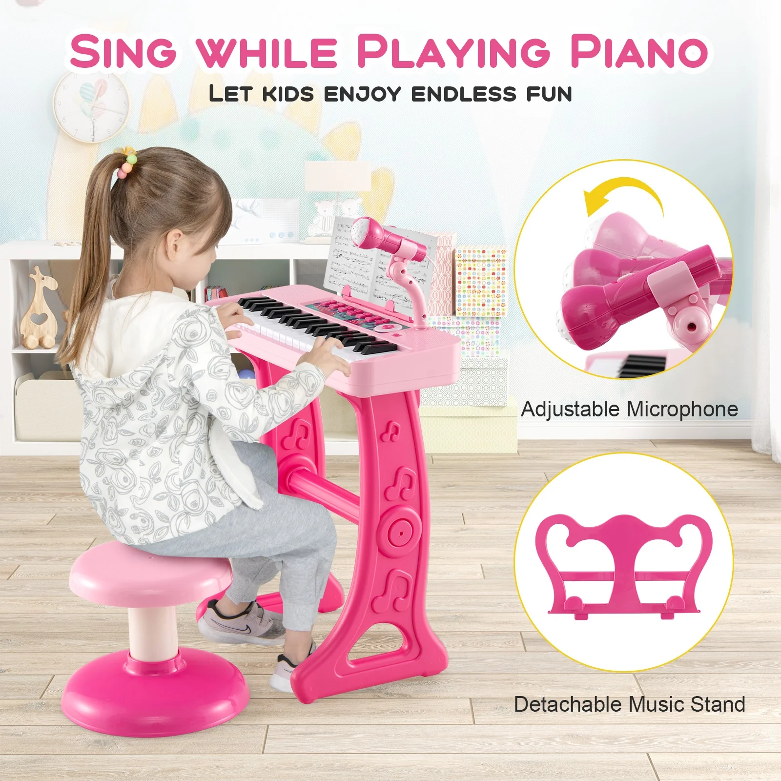 Kids Piano Keyboard 37-Key, With Microphone For 3+ Years, Pink - Image 10
